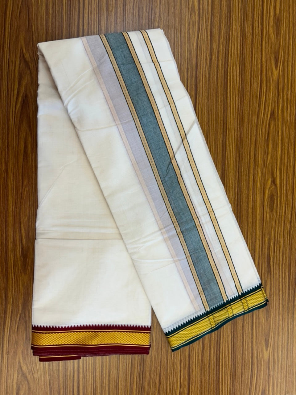 20% Discount! KaithariKada Cotton Mix Off White - (Unbleached) 80X90 thread - North Indian- Attached Gamcha - 10X6 Dhoti - 2 inch Green Gold Kasav kara with Maroon & Green Gold Kasav Design border - 13 KK8304 PMC