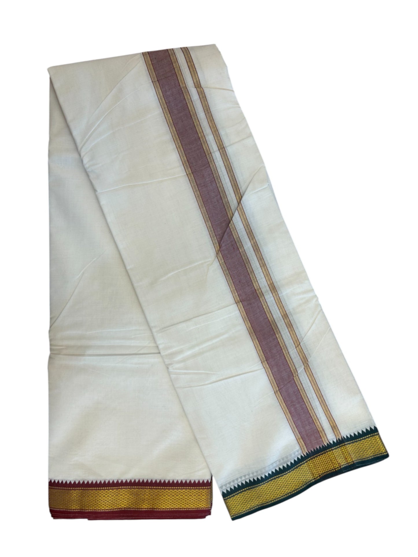 20% DISCOUNT! KaithariKada 100% Cotton OFF WHITE - (Unbleached) 100x80 thread - NORTH INDIAN- ATTACHED GAMCHA 9x5 Dhoti - 2 inch Violet kara with Maroon & Dark Green Kasavu border - 105KK5227 PMC