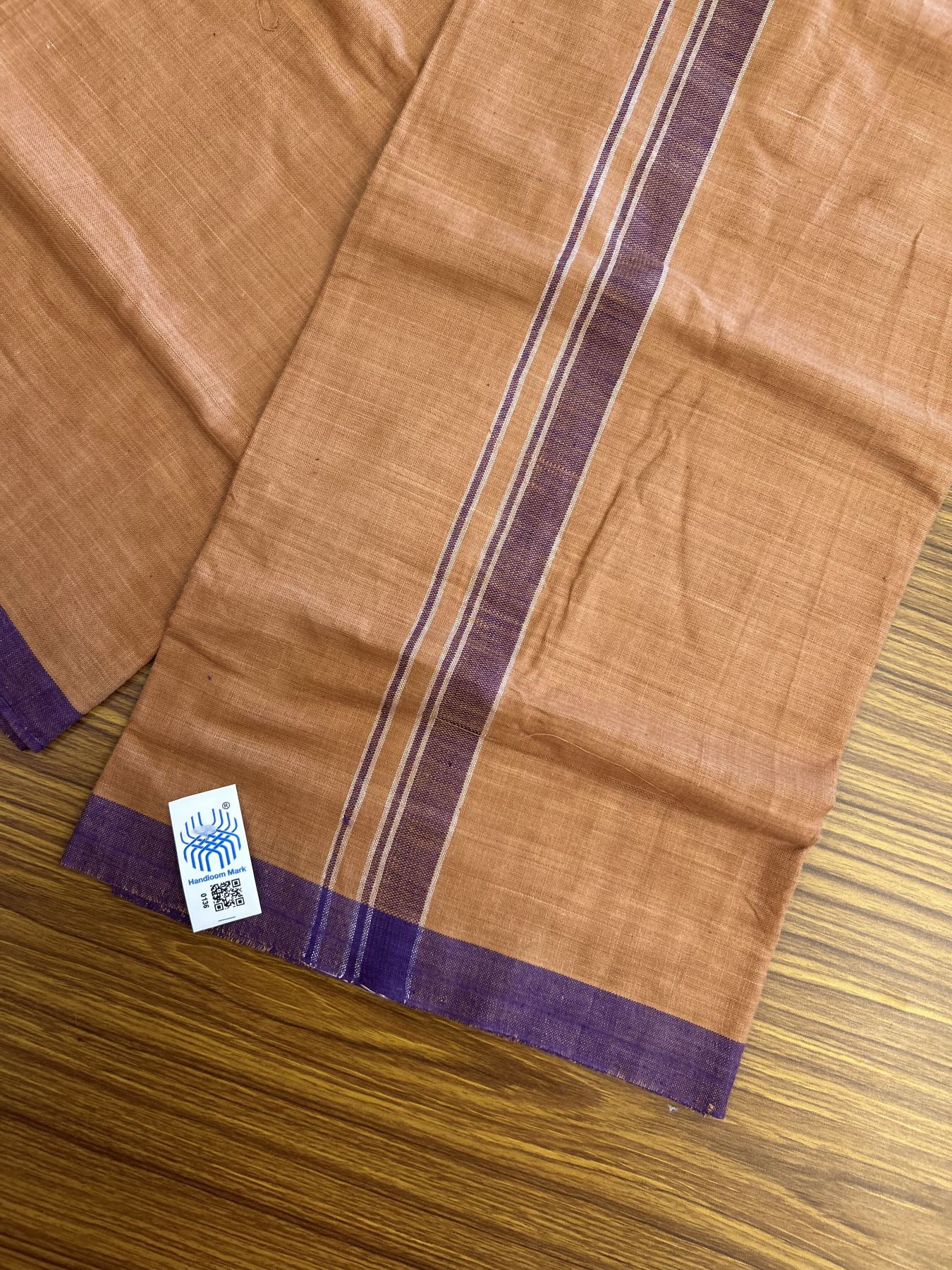 Kerala Handloom - Signature Kaitharikada - Government Sealed Hallmarked - 100% Pure Cotton 2/40x26s Thread - Single Mundu / Dhoti - 1 inch Violet Shaded Striped Kara with Kavi colour Body - 23 KK8046 KAL