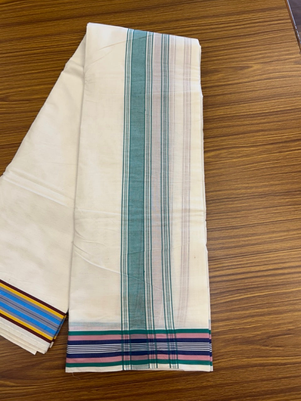20% Discount! Kaitharikada Mixed Cotton Off White (Unbleached) - 80x90 - North Indian Attached Gamcha - 10x6 - Dhoti Green kara with Violet ,Blue, yellow, Red & Light Blue Striped border - 23 KK8304 PMC