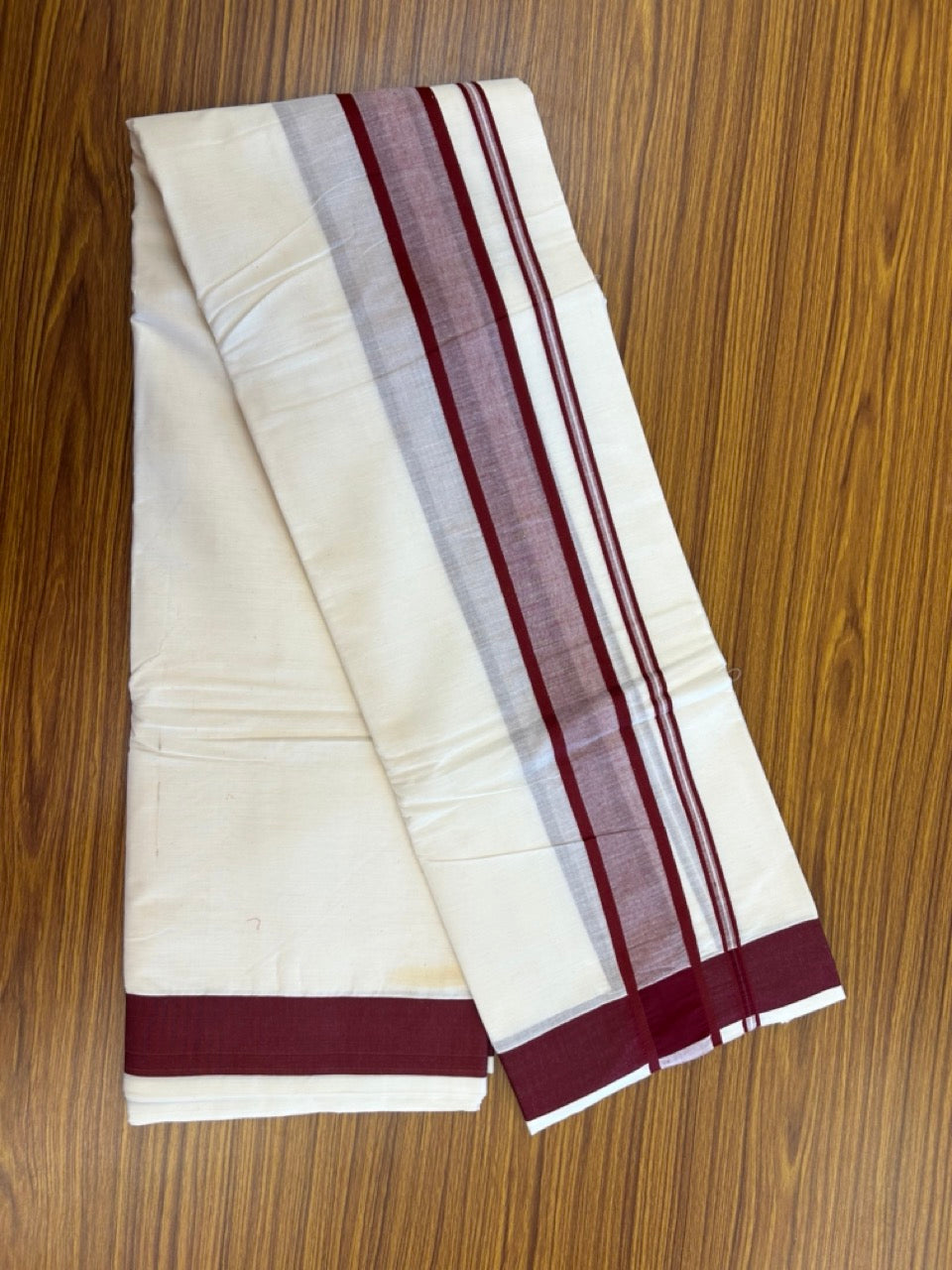 20% Discount! Kaitharikada Mixed Cotton Off White (Unbleached) - 80x90 - North Indian Attached Gamcha - 10x6 - Maroon Shaded border - 24 KK8304 PMC