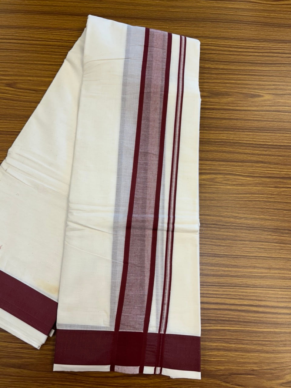 20% Discount! Kaitharikada Mixed Cotton Off White (Unbleached) - 80x90 - North Indian Attached Gamcha - 10x6 - Maroon Shaded border - 24 KK8304 PMC