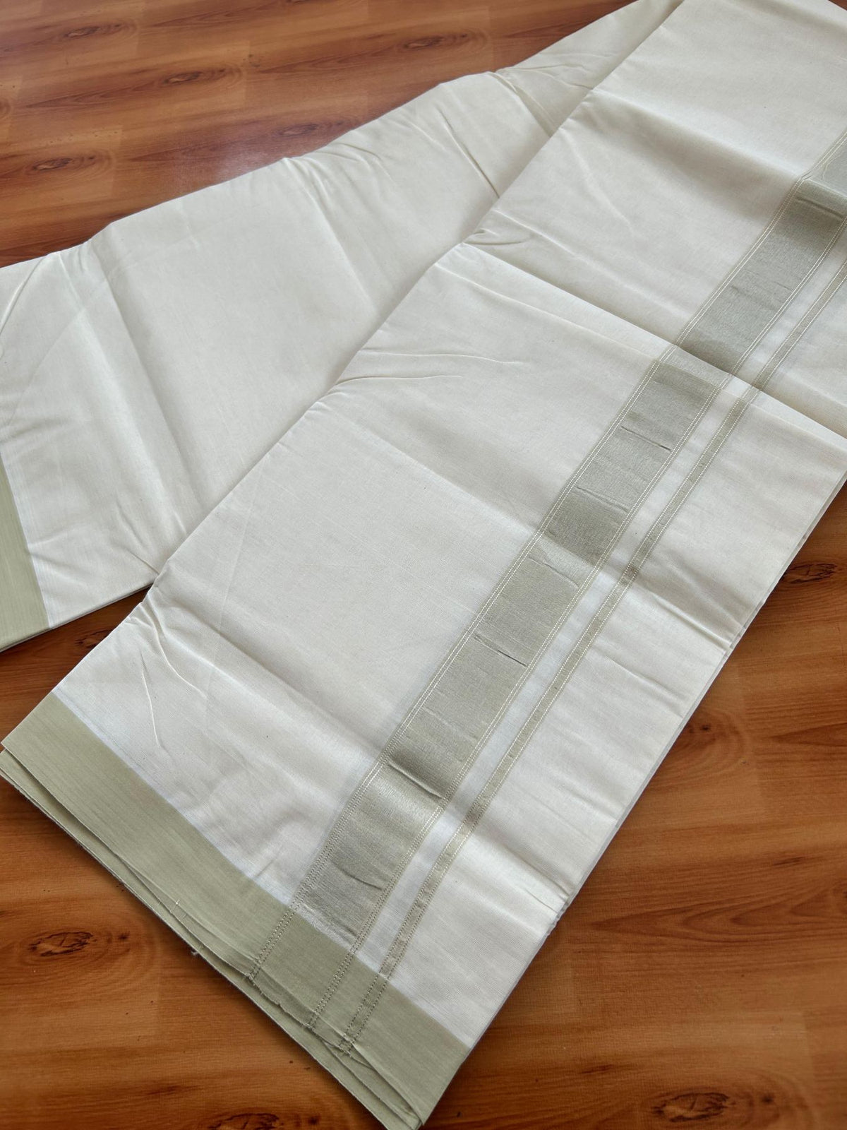 Double Off White (Unbleached) Mundu/Dhoti - 20% Discount! Kaitharikada Pure Cotton - 80x80 - 1.25 Inch Sage pista & Silver shaded Kara 4 mtr (8.5 muzham) - 17 KK5497 MRH