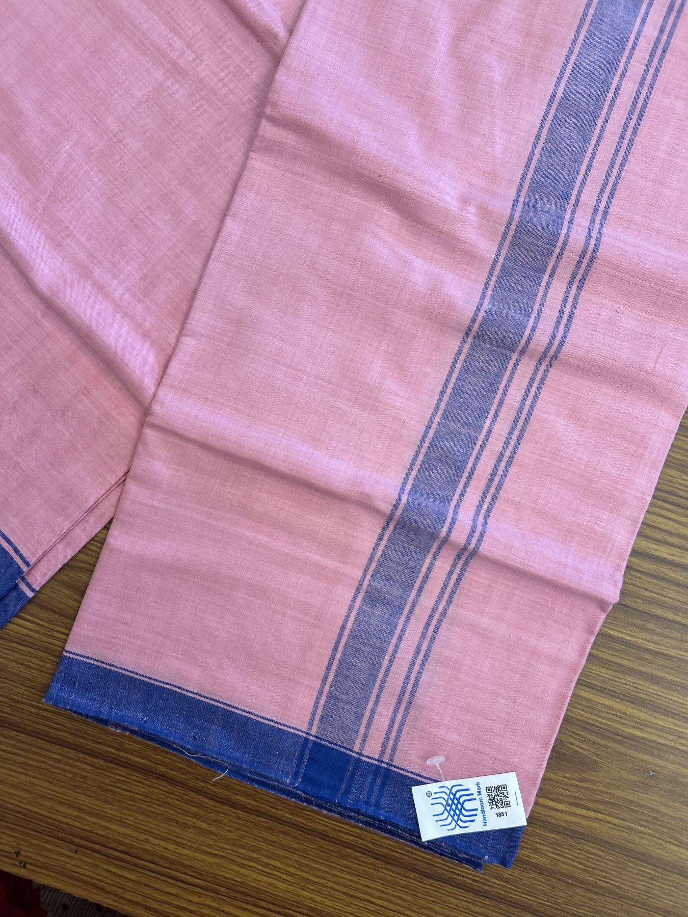 Kerala Handloom - Signature Kaitharikada - Government Sealed Hallmarked - 100% Pure Cotton 2/60x40s Thread - Single Mundu / Dhoti - 1.25 inch Blue Shaded Striped Kara with Rose Pink colour Body - 13 KK8046 KAL