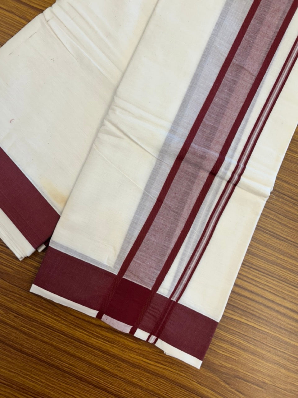 20% Discount! Kaitharikada Mixed Cotton Off White (Unbleached) - 80x90 - North Indian Attached Gamcha - 10x6 - Maroon Shaded border - 24 KK8304 PMC