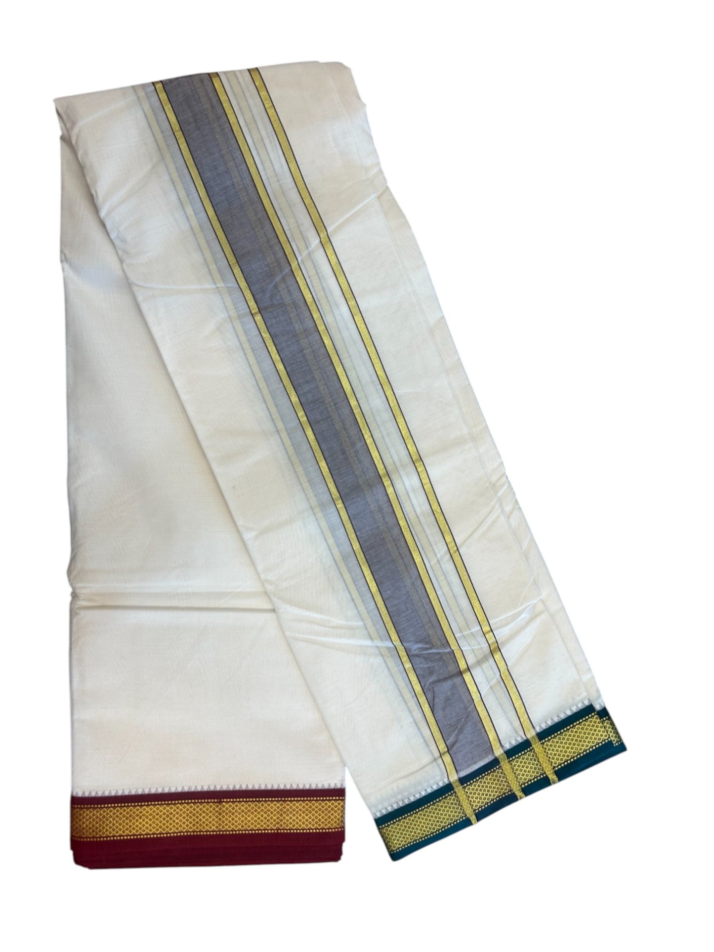 20% DISCOUNT! KaithariKada 100% Cotton OFF WHITE - (Unbleached) 100x80 thread - NORTH INDIAN- ATTACHED GAMCHA 9x5 Dhoti - 2 inch Violet kara with Maroon & Dark Green Kasavu border - 105KK5227 PMC