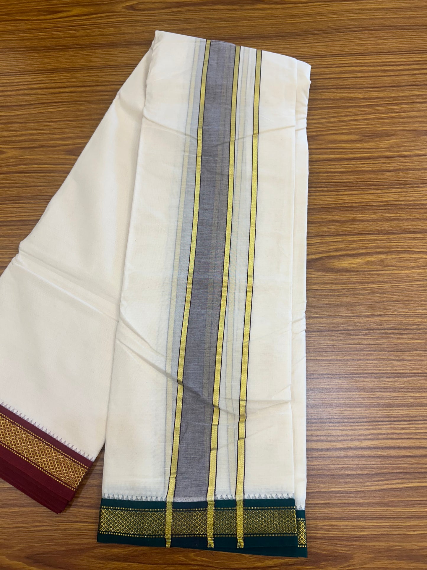 20% DISCOUNT! KaithariKada 100% Cotton OFF WHITE - (Unbleached) 100x80 thread - NORTH INDIAN- ATTACHED GAMCHA 9x5 Dhoti - 2 inch Violet kara with Maroon & Dark Green Kasavu border - 105KK5227 PMC