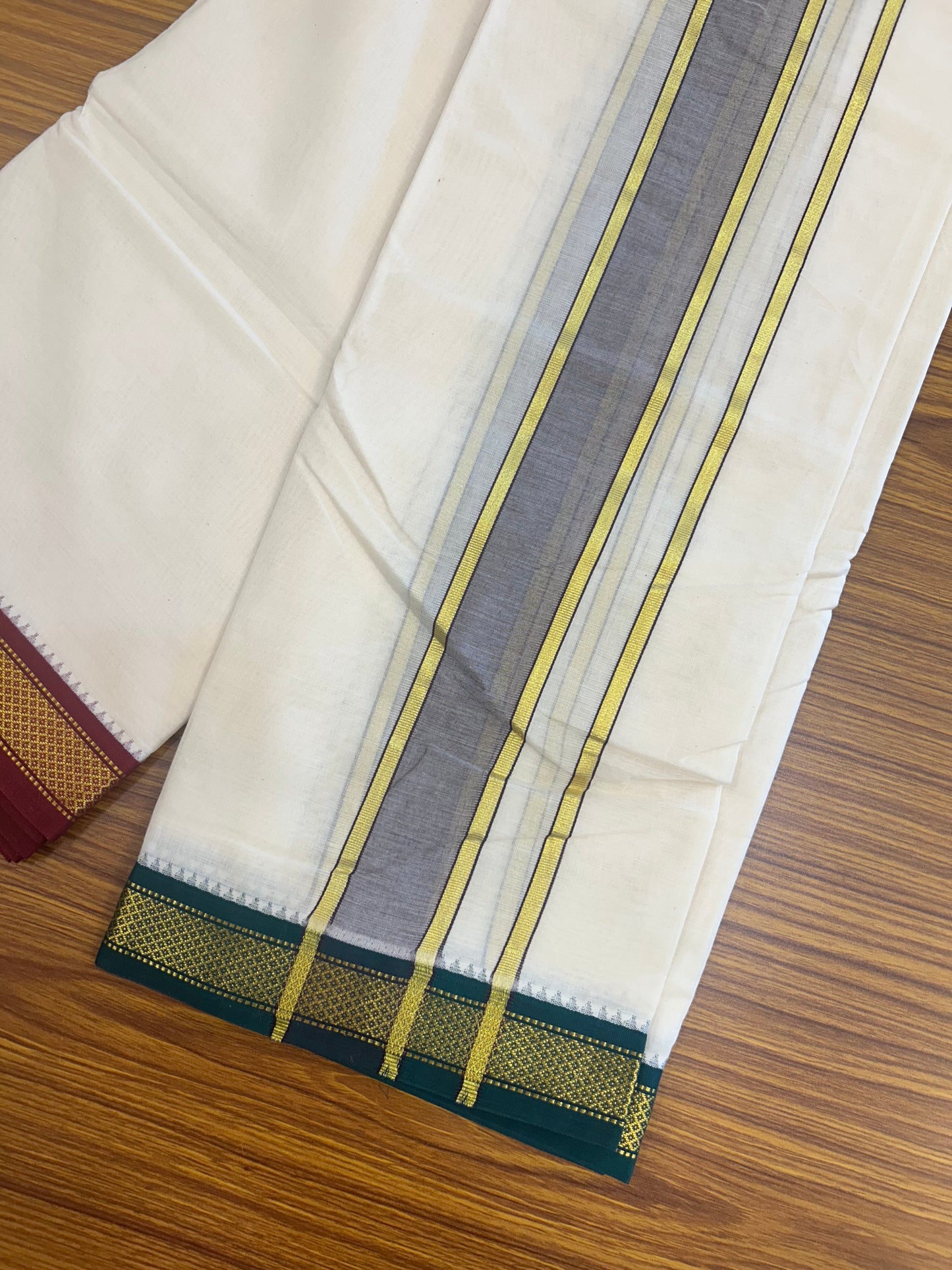 20% DISCOUNT! KaithariKada 100% Cotton OFF WHITE - (Unbleached) 100x80 thread - NORTH INDIAN- ATTACHED GAMCHA 9x5 Dhoti - 2 inch Violet kara with Maroon & Dark Green Kasavu border - 105KK5227 PMC