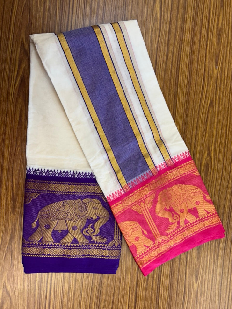 20% Discount! KaithariKada Cotton Mix Off White - (Unbleached) 80X90 thread - North Indian- Attached Gamcha - 10X6 Dhoti 4 inch Violet kara with Rani Pink & Deep Violet Kasav Elephant Design border - 1 KK8304 PMC