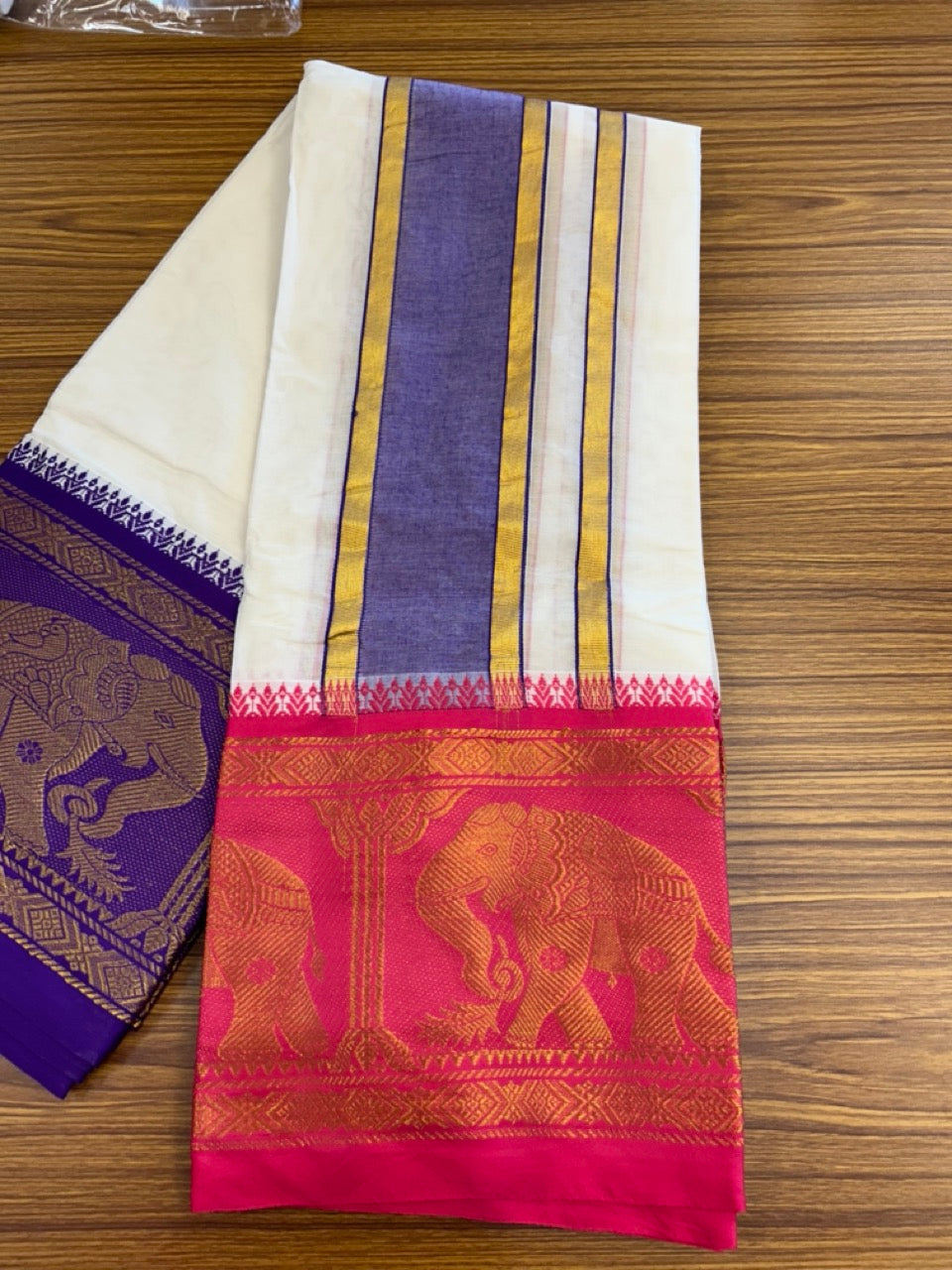 20% Discount! KaithariKada Cotton Mix Off White - (Unbleached) 80X90 thread - North Indian- Attached Gamcha - 10X6 Dhoti 4 inch Violet kara with Rani Pink & Deep Violet Kasav Elephant Design border - 1 KK8304 PMC
