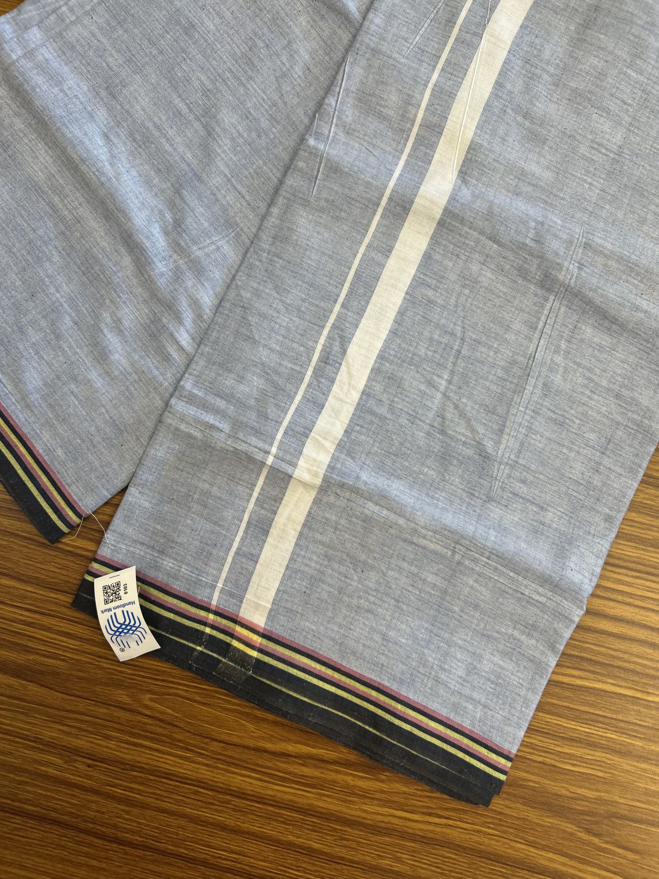 Kerala Handloom - Signature Kaitharikada - Government Sealed Hallmarked - 100% Pure Cotton 2/60x40s Thread - Single Mundu / Dhoti - 0.5 inch White Kara with Blue colour Body - 9 KK8046 KAL