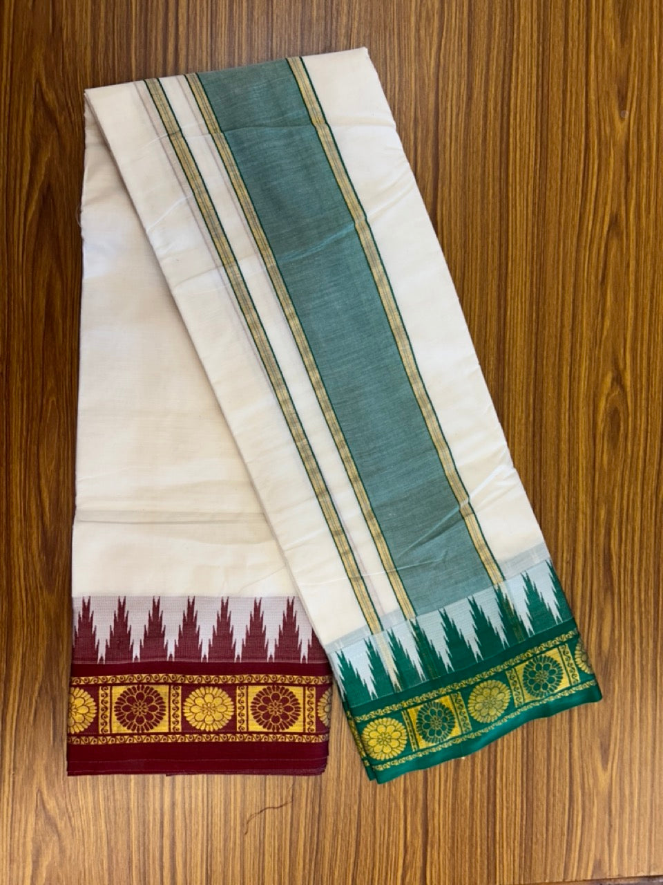 20% Discount! KaithariKada Cotton Mix Off White - (Unbleached) 80X90 thread - North Indian - Attached Gamcha - 10X6 Dhoti 3.75 inch Green Gold Kasav kara with Red & Green Gold Kasav Design border - 3 KK8304 PMC