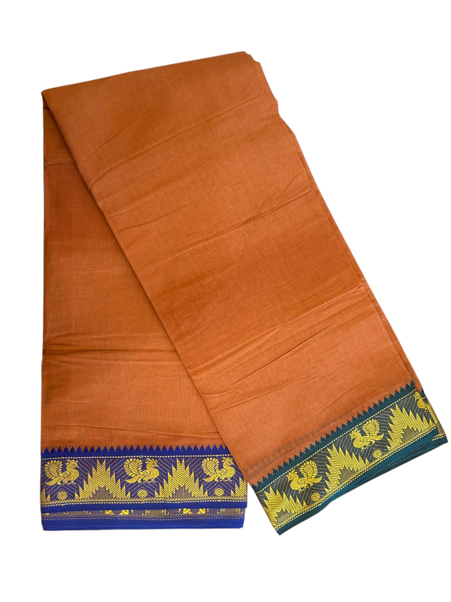 20% Discount! KaithariKada - Cotton Mix - 80x90 thread - 80 % Cotton & 20% Polyester- NORTH INDIAN - ATTACHED GAMCHA 9X5 Dhoti - 2.75 inch Blue & Yellow Kara with Kavi Colour body - Gold Kasavu Green & Blue Peacock Design Border - 108KK5227 PMC