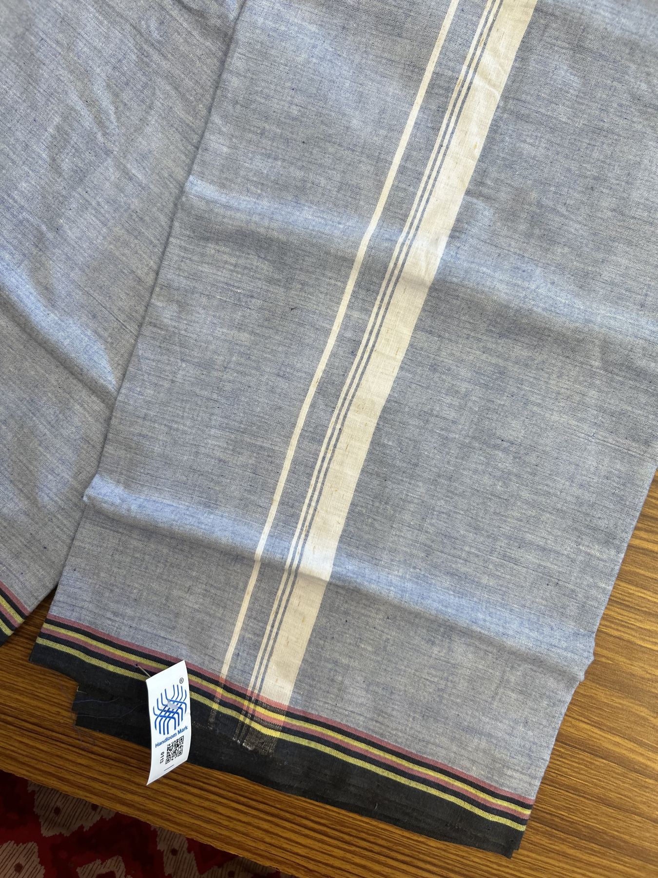 Kerala Handloom - Signature Kaitharikada - Government Sealed Hallmarked - 100% Pure Cotton 2/60x40s Thread - Single Mundu / Dhoti - 1 inch White Striped Kara with Blue colour Body - 10 KK8046 KAL
