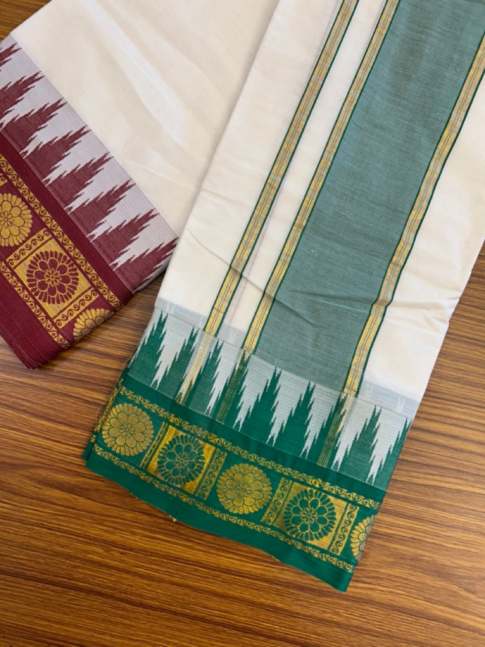 20% Discount! KaithariKada Cotton Mix Off White - (Unbleached) 80X90 thread - North Indian - Attached Gamcha - 10X6 Dhoti 3.75 inch Green Gold Kasav kara with Red & Green Gold Kasav Design border - 3 KK8304 PMC