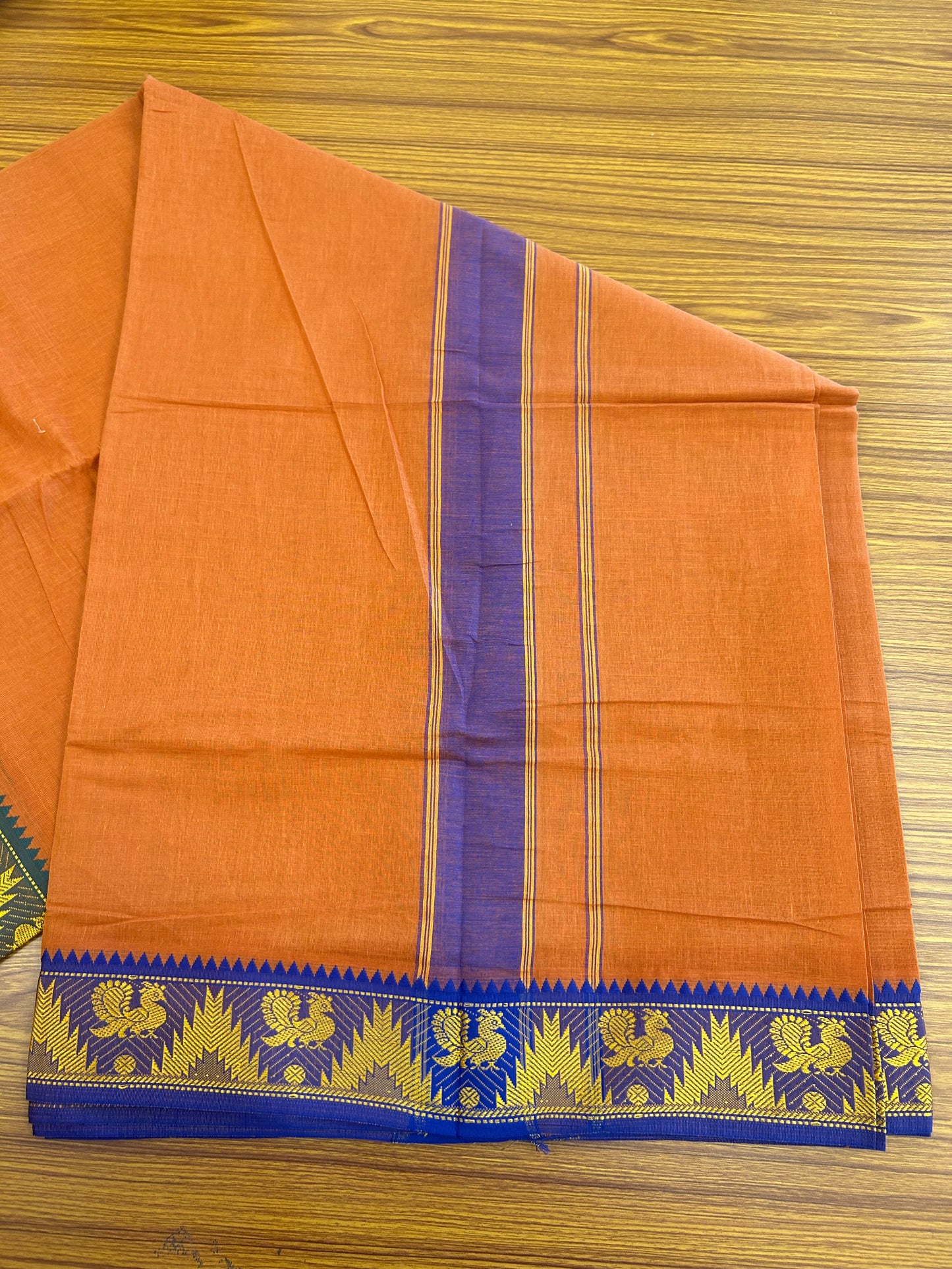20% Discount! KaithariKada - Cotton Mix - 80x90 thread - 80 % Cotton & 20% Polyester- NORTH INDIAN - ATTACHED GAMCHA 9X5 Dhoti - 2.75 inch Blue & Yellow Kara with Kavi Colour body - Gold Kasavu Green & Blue Peacock Design Border - 108KK5227 PMC