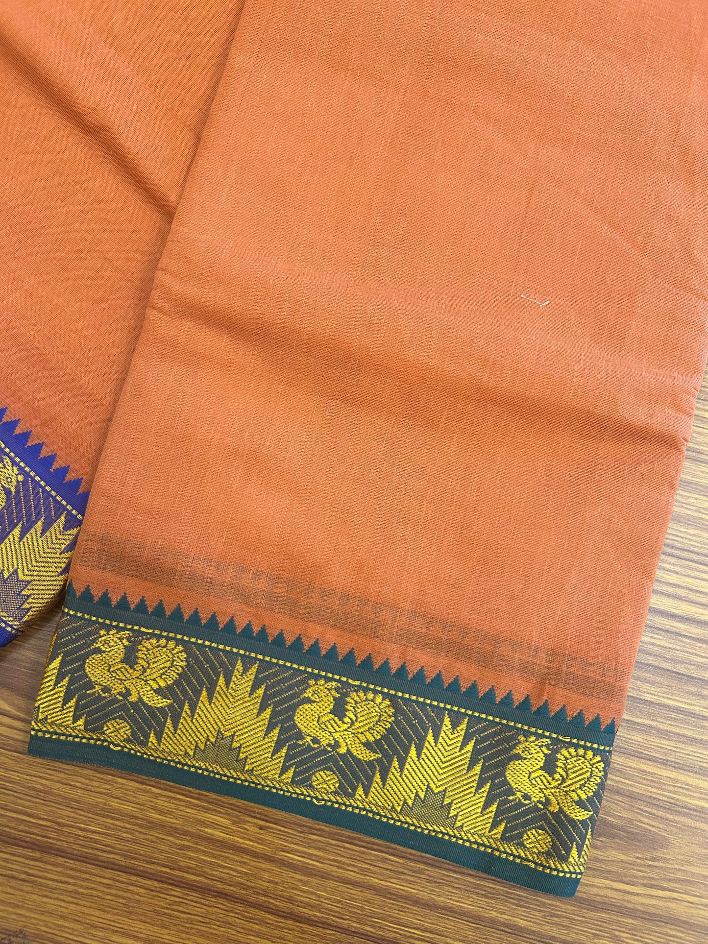 20% Discount! KaithariKada - Cotton Mix - 80x90 thread - 80 % Cotton & 20% Polyester- NORTH INDIAN - ATTACHED GAMCHA 9X5 Dhoti - 2.75 inch Blue & Yellow Kara with Kavi Colour body - Gold Kasavu Green & Blue Peacock Design Border - 108KK5227 PMC