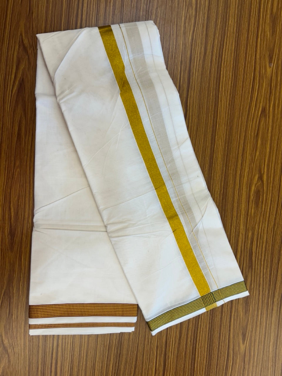 20% Discount! KaithariKada Cotton Mix Off White - (Unbleached) 80X90 thread - North Indian- Attached Gamcha - 10X6 Dhoti - 1 inch Gold Kasav kara with Maroon & Green Gold Kasav Design border - 18 KK8304 PMC