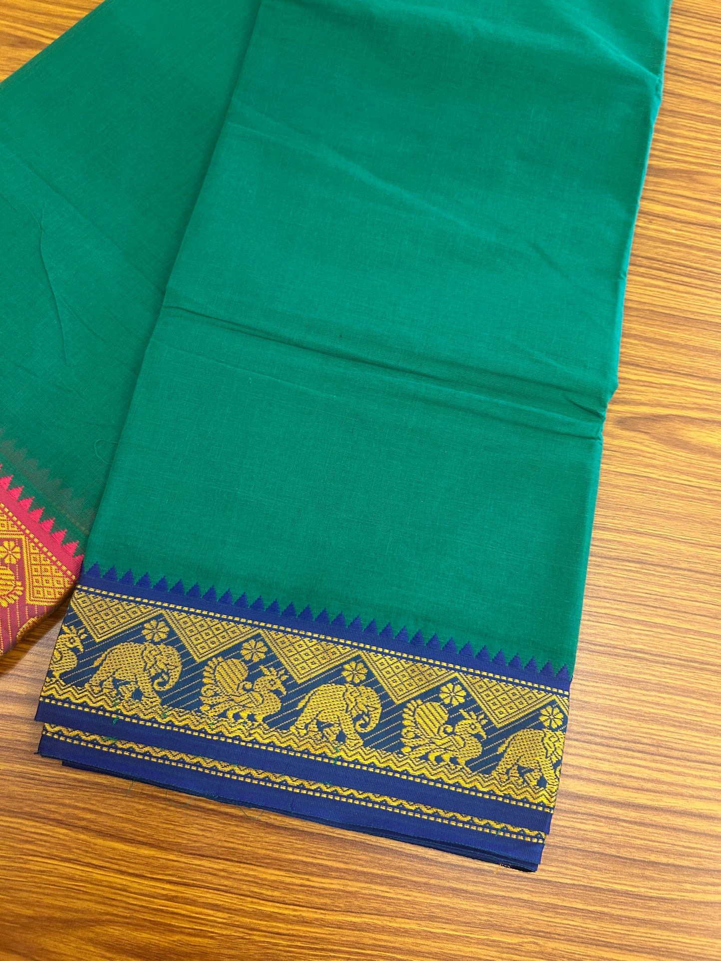 20% DISCOUNT! KaithariKada - Cotton Mix - 80x90 thread - 80 % Cotton & 20% Polyester- NORTH INDIAN - ATTACHED GAMCHA 9X5 Dhoti - 2.75 inch Blue & Yellow Kara with Kavi Colour body - Gold Kasavu Green & Blue Design Border - 110KK5227 PMC
