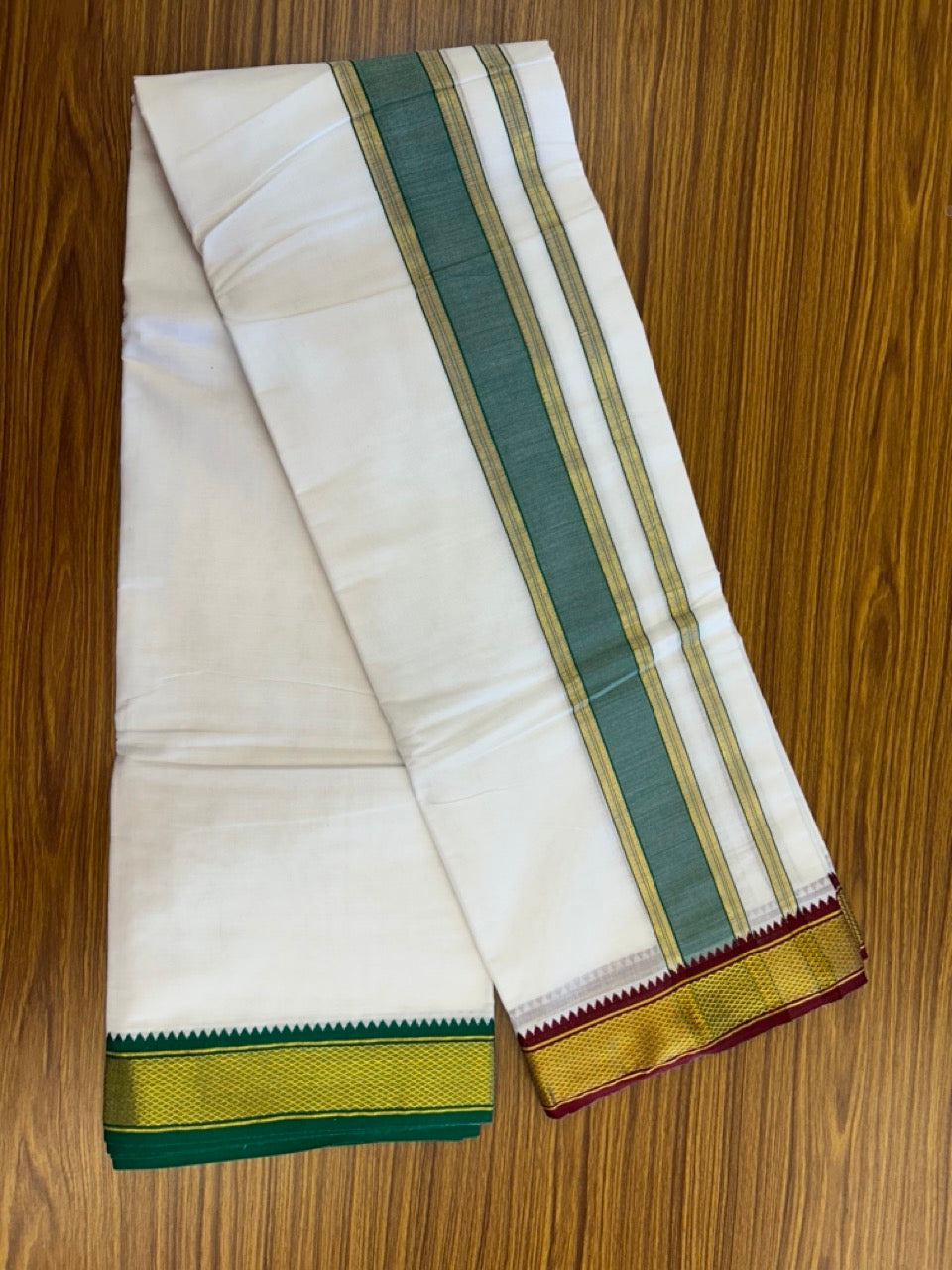 20% Discount! KaithariKada Cotton Mix Off White - (Unbleached) 80X90 thread - North Indian- Attached Gamcha - 10X6 Dhoti - 2.25 inch Light Green Gold Kasav kara with Maroon & Light Green Gold Kasav Design border - 12 KK8304 PMC