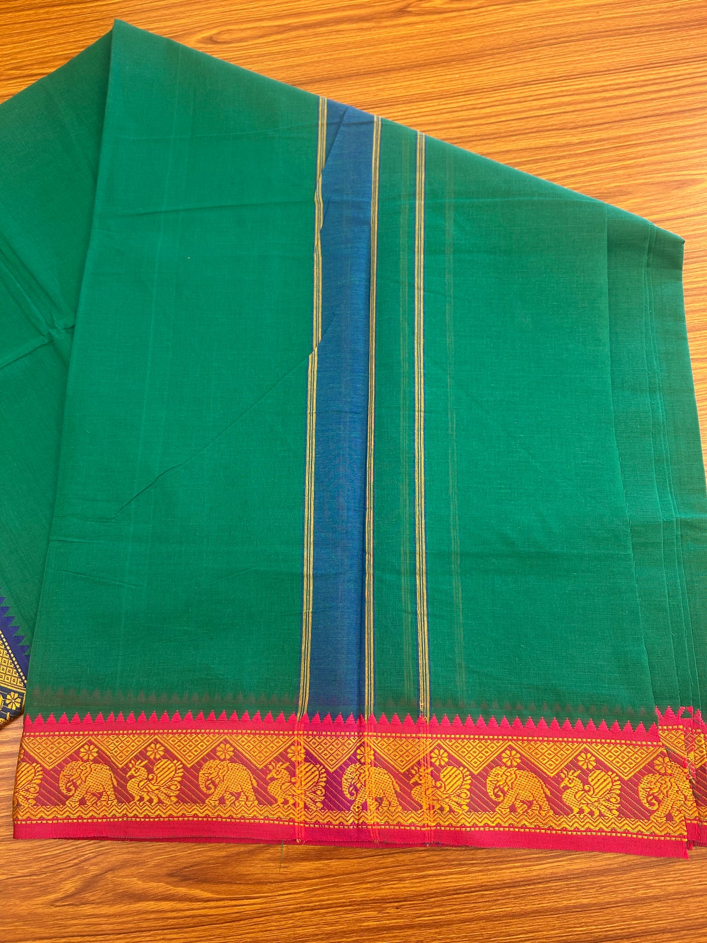 20% DISCOUNT! KaithariKada - Cotton Mix - 80x90 thread - 80 % Cotton & 20% Polyester- NORTH INDIAN - ATTACHED GAMCHA 9X5 Dhoti - 2.75 inch Blue & Yellow Kara with Kavi Colour body - Gold Kasavu Green & Blue Design Border - 110KK5227 PMC