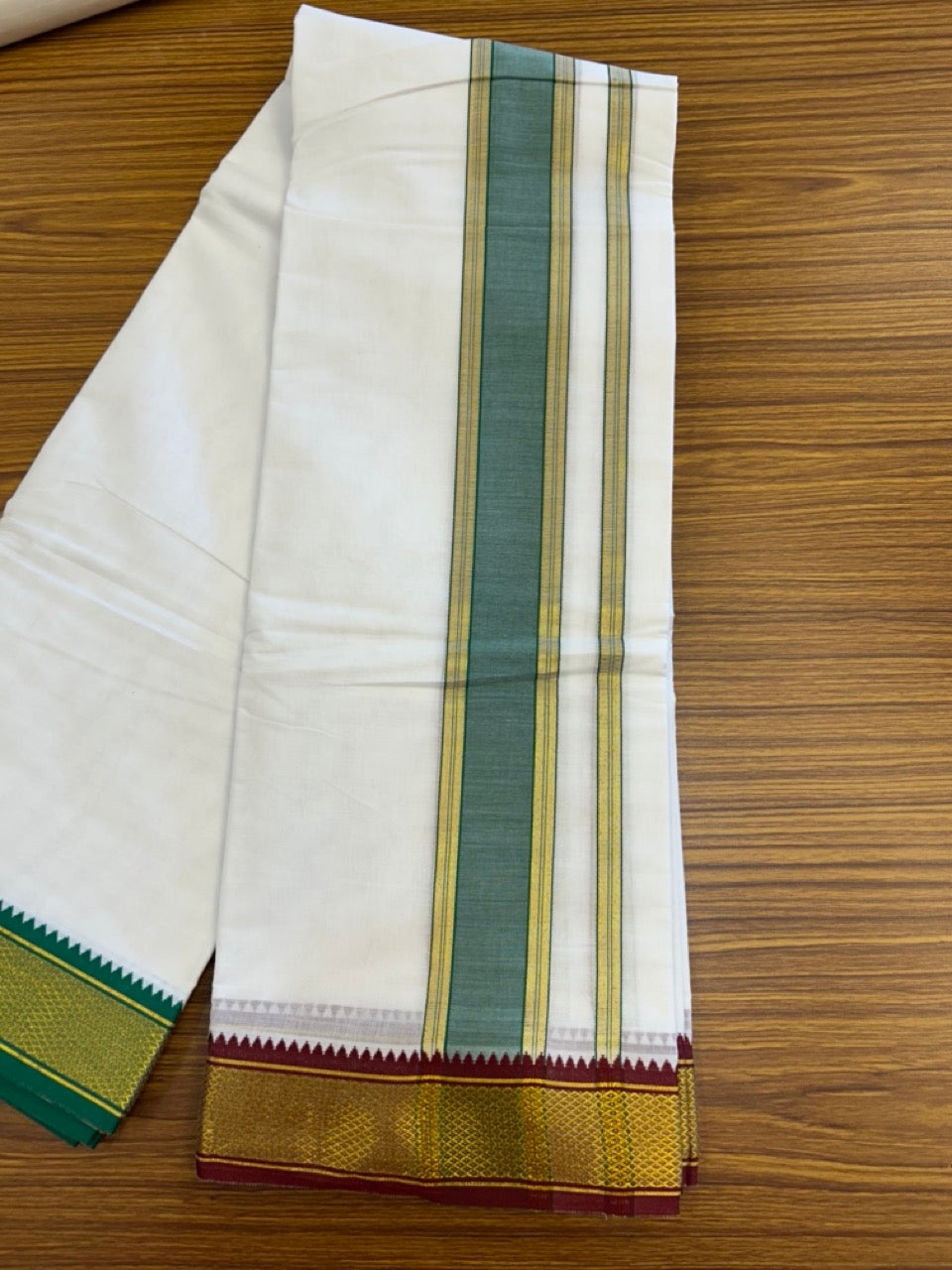 20% Discount! KaithariKada Cotton Mix Off White - (Unbleached) 80X90 thread - North Indian- Attached Gamcha - 10X6 Dhoti - 2.25 inch Light Green Gold Kasav kara with Maroon & Light Green Gold Kasav Design border - 12 KK8304 PMC