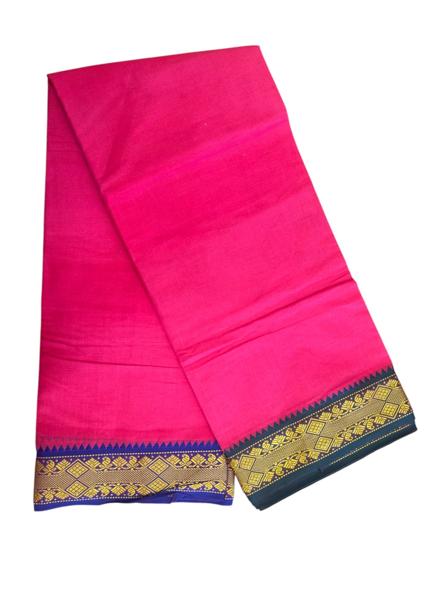 20% DISCOUNT! KaithariKada - Cotton Mix - 80x90 thread - 80 % Cotton & 20% Polyester- NORTH INDIAN - ATTACHED GAMCHA 9X5 Dhoti -3.5 inch Gold Kasavu Dark Green & Blue Design Border with Dark Magenta Colour body - 111KK5227 PMC