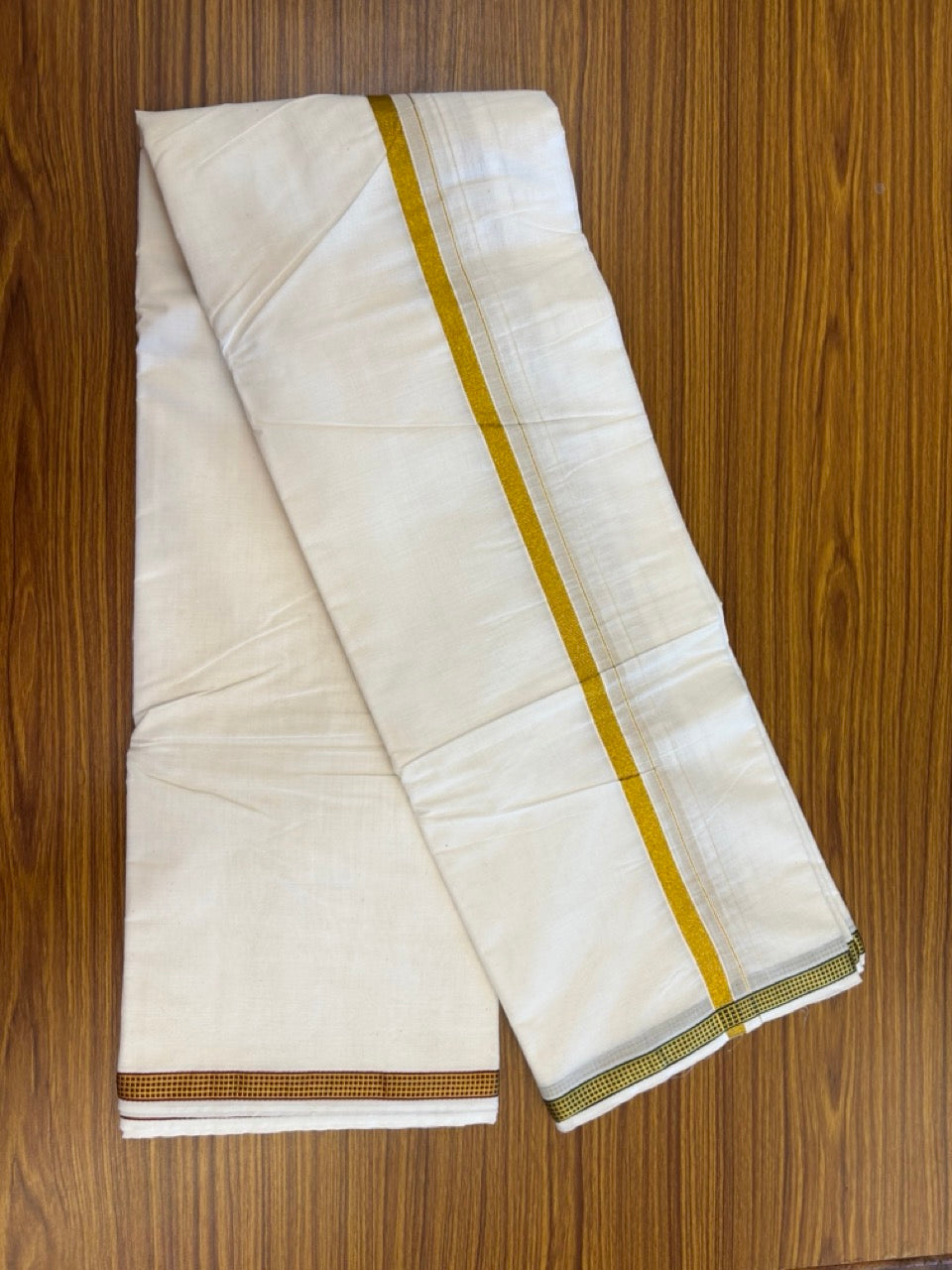 20% Discount! KaithariKada Cotton Mix Off White - (Unbleached) 80X90 thread - North Ii-ndian- Attached Gamcha - 10X6 Dhoti - 0.75 inch Gold Kasav kara with Maroon & Green Gold Kasav Design border - 17 KK8304 PMC