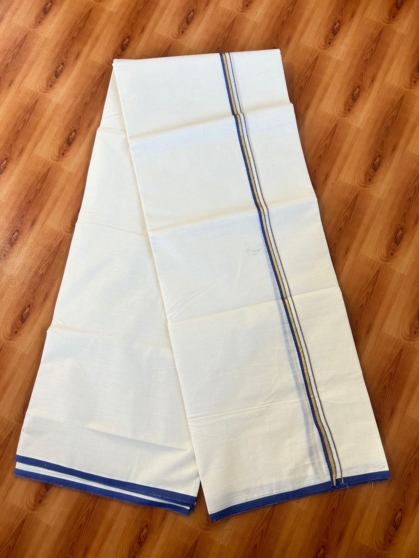 Double Off white (Unbleached) Mundu/Dhoti - 20% Discount! KaithariKada Pure Cotton (80s) - 1 cm Gold Kasav Dark Blue Kara 4 mtr (8.5 muzham) - 20 KK5479 GAN