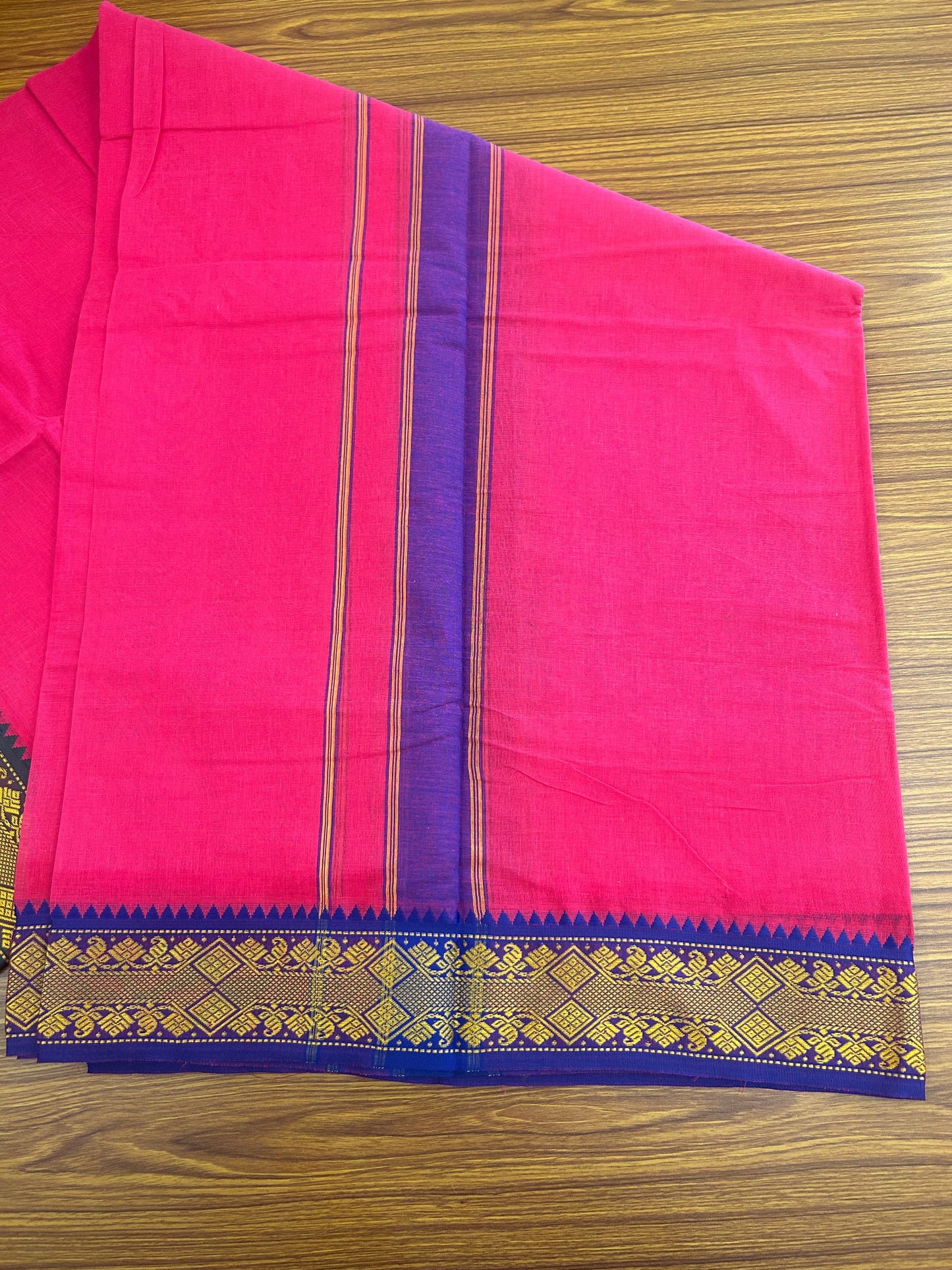 20% DISCOUNT! KaithariKada - Cotton Mix - 80x90 thread - 80 % Cotton & 20% Polyester- NORTH INDIAN - ATTACHED GAMCHA 9X5 Dhoti -3.5 inch Gold Kasavu Dark Green & Blue Design Border with Dark Magenta Colour body - 111KK5227 PMC