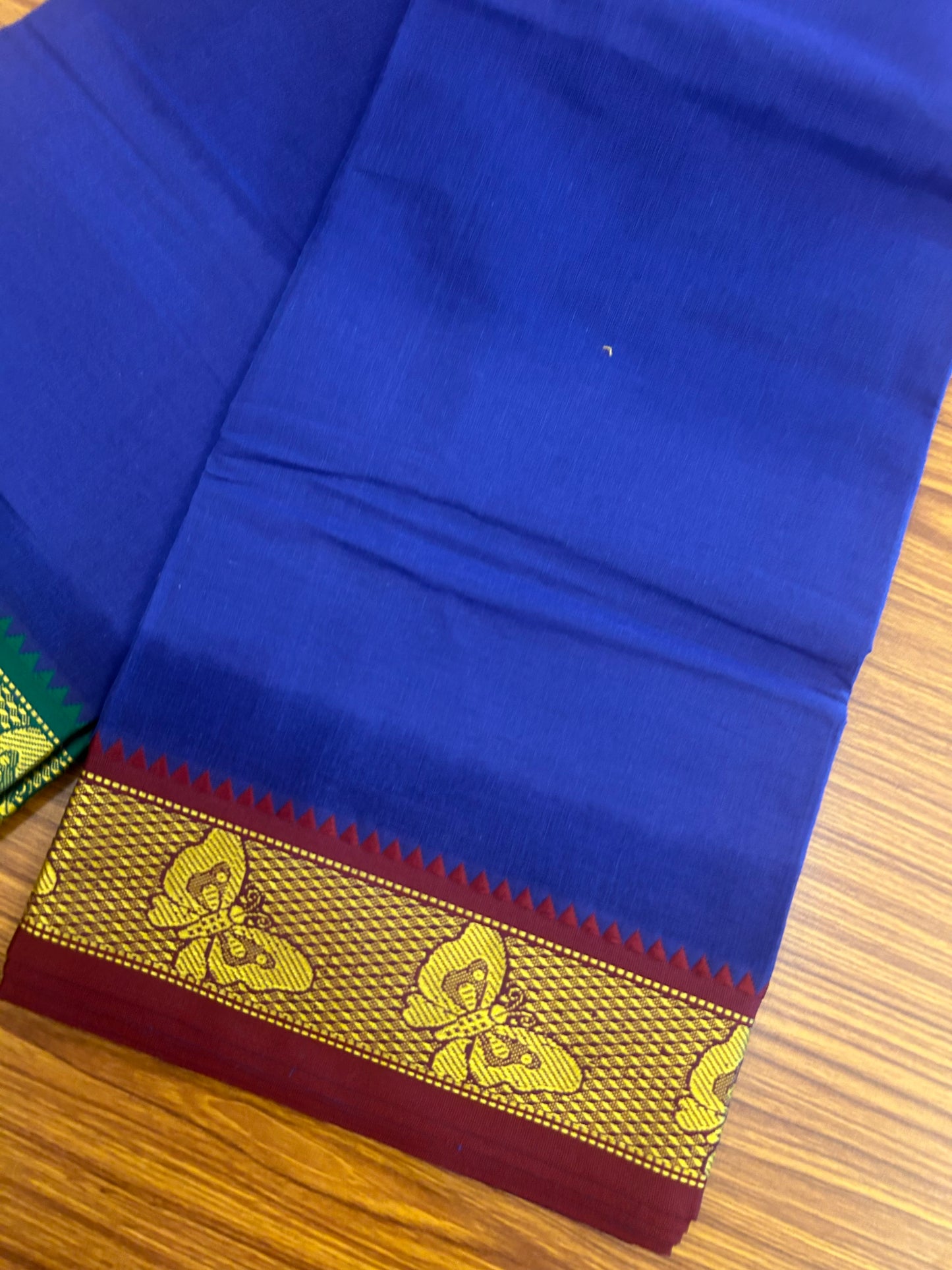 20% DISCOUNT! KaithariKada - Cotton Mix - 80x90 thread - 80 % Cotton & 20% Polyester- NORTH INDIAN - ATTACHED GAMCHA 9X5 Dhoti -3.5 inch Gold Kasavu Dark Green & Maroon Butterfly Design Border with Dark Blue Colour body - 112KK5227 PMC