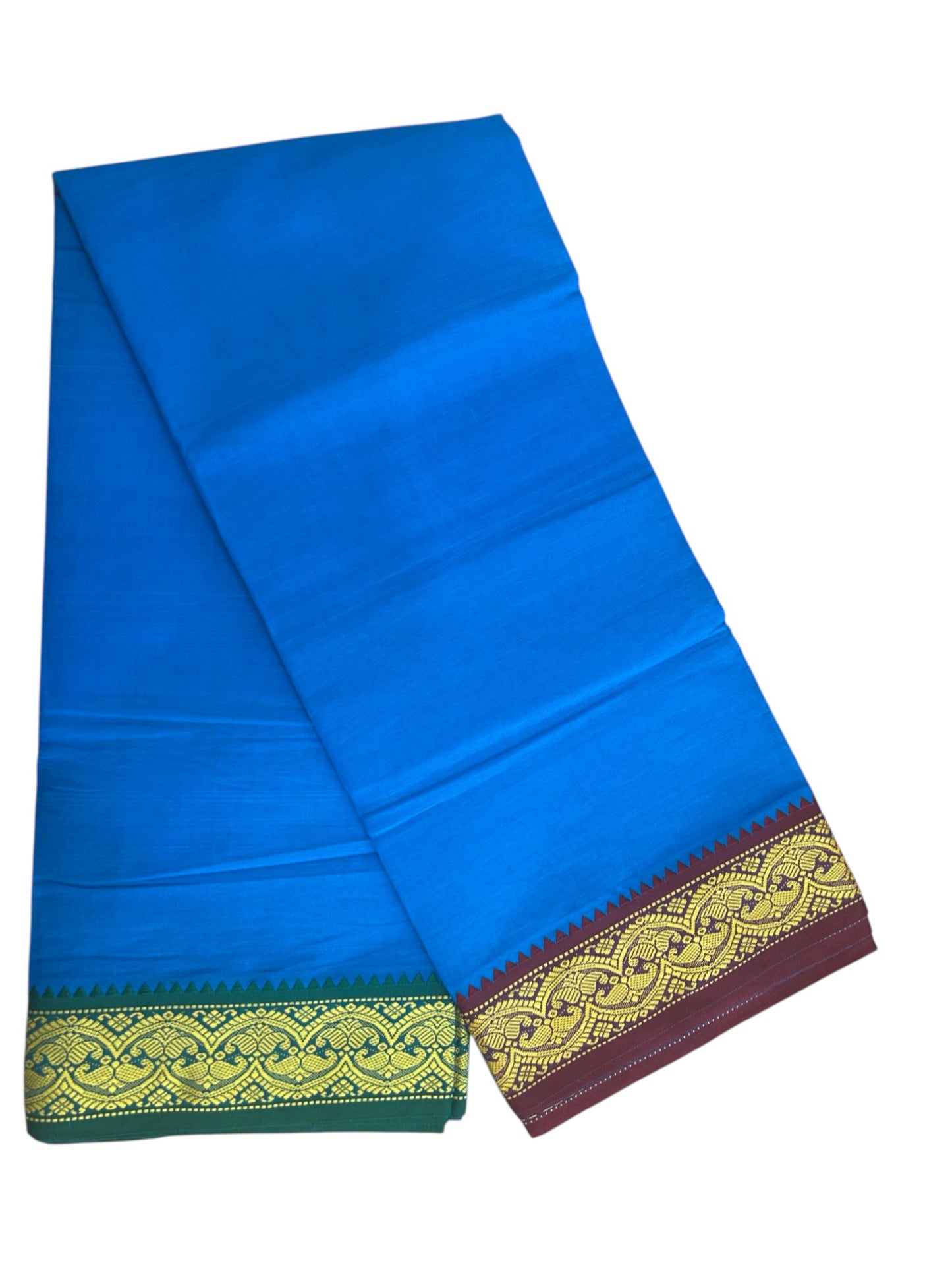 20% Discount! KaithariKada - Cotton Mix - 80x90 thread - 80 % Cotton & 20% Polyester- NORTH INDIAN - ATTACHED GAMCHA 9X5 Dhoti -3.5 inch Gold Kasavu Dark Green & Maroon Design Border with Blue Colour body - 113KK5227 PMC