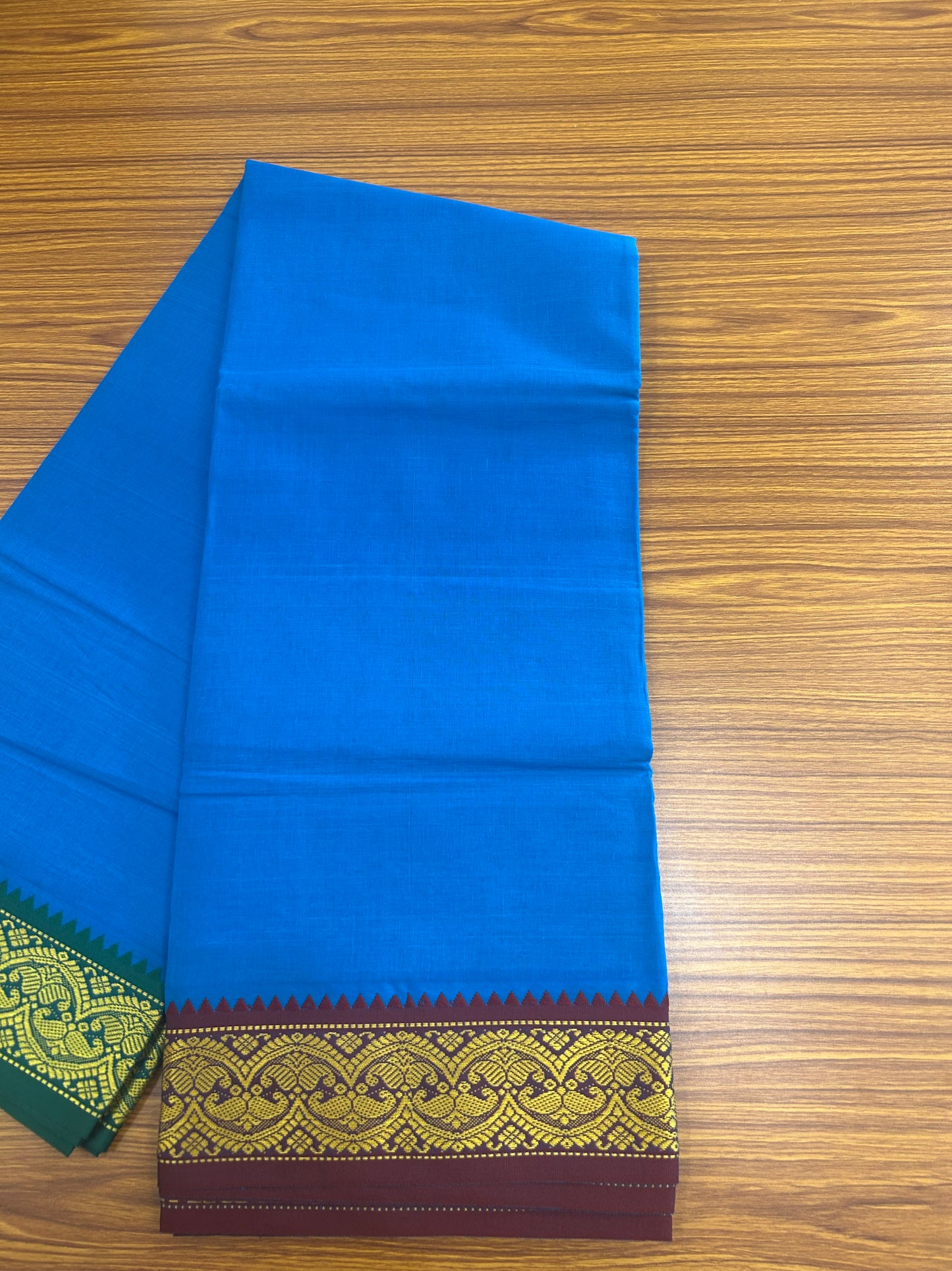 20% Discount! KaithariKada - Cotton Mix - 80x90 thread - 80 % Cotton & 20% Polyester- NORTH INDIAN - ATTACHED GAMCHA 9X5 Dhoti -3.5 inch Gold Kasavu Dark Green & Maroon Design Border with Blue Colour body - 113KK5227 PMC