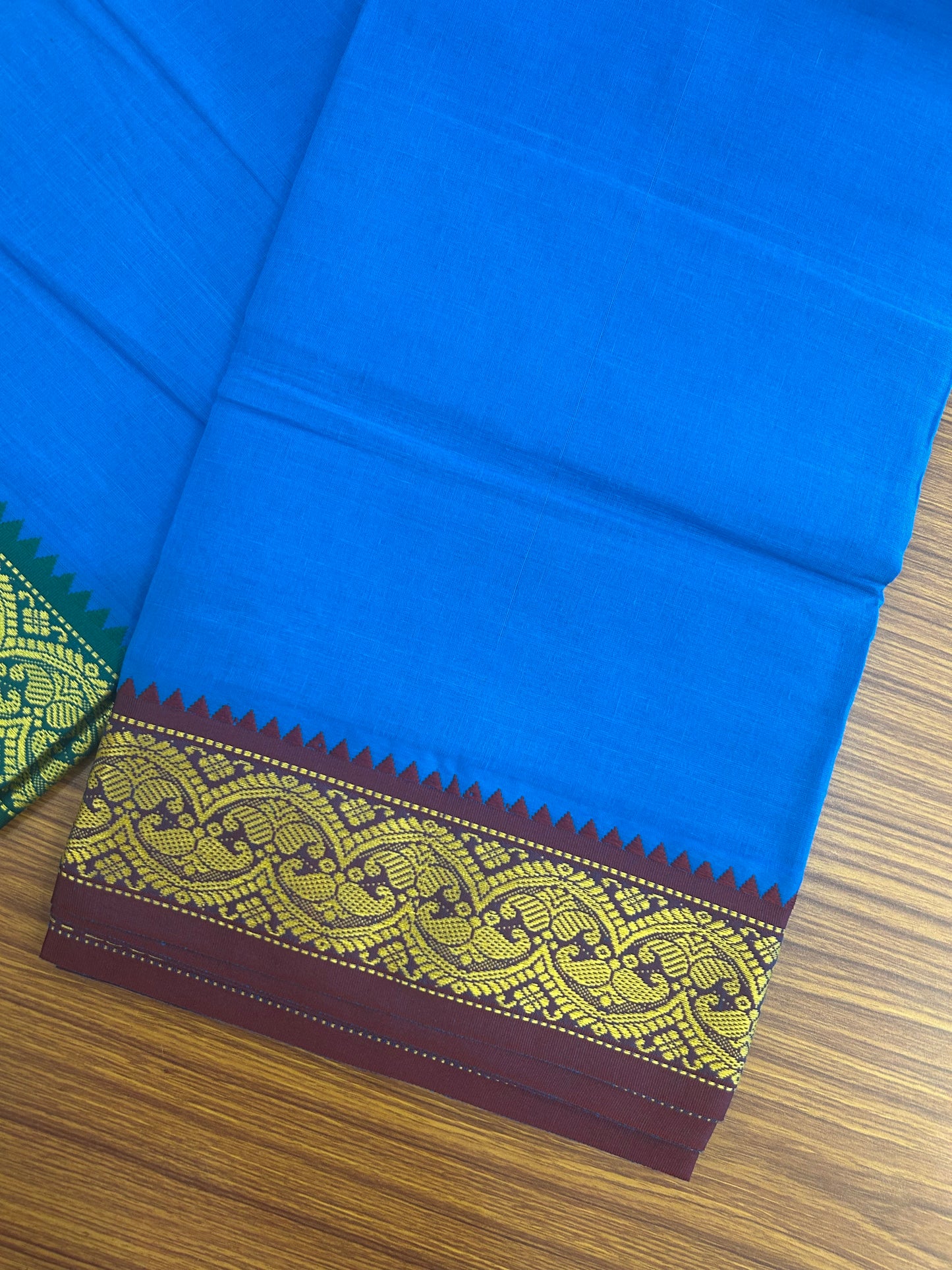 20% Discount! KaithariKada - Cotton Mix - 80x90 thread - 80 % Cotton & 20% Polyester- NORTH INDIAN - ATTACHED GAMCHA 9X5 Dhoti -3.5 inch Gold Kasavu Dark Green & Maroon Design Border with Blue Colour body - 113KK5227 PMC