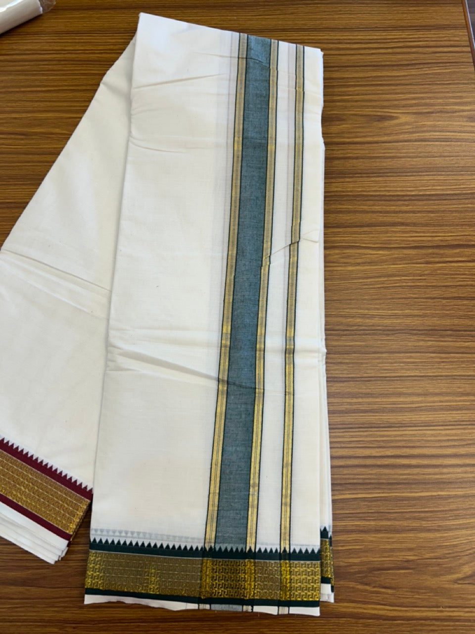 20% Discount! KaithariKada Cotton Mix Off White - (Unbleached) 80X90 thread - North Indian- Attached Gamcha - 10X6 Dhoti - 1.25 inch Green Gold Kasav kara with Dark Maroon & Green Gold Kasav Design border - 11 KK8304 PMC