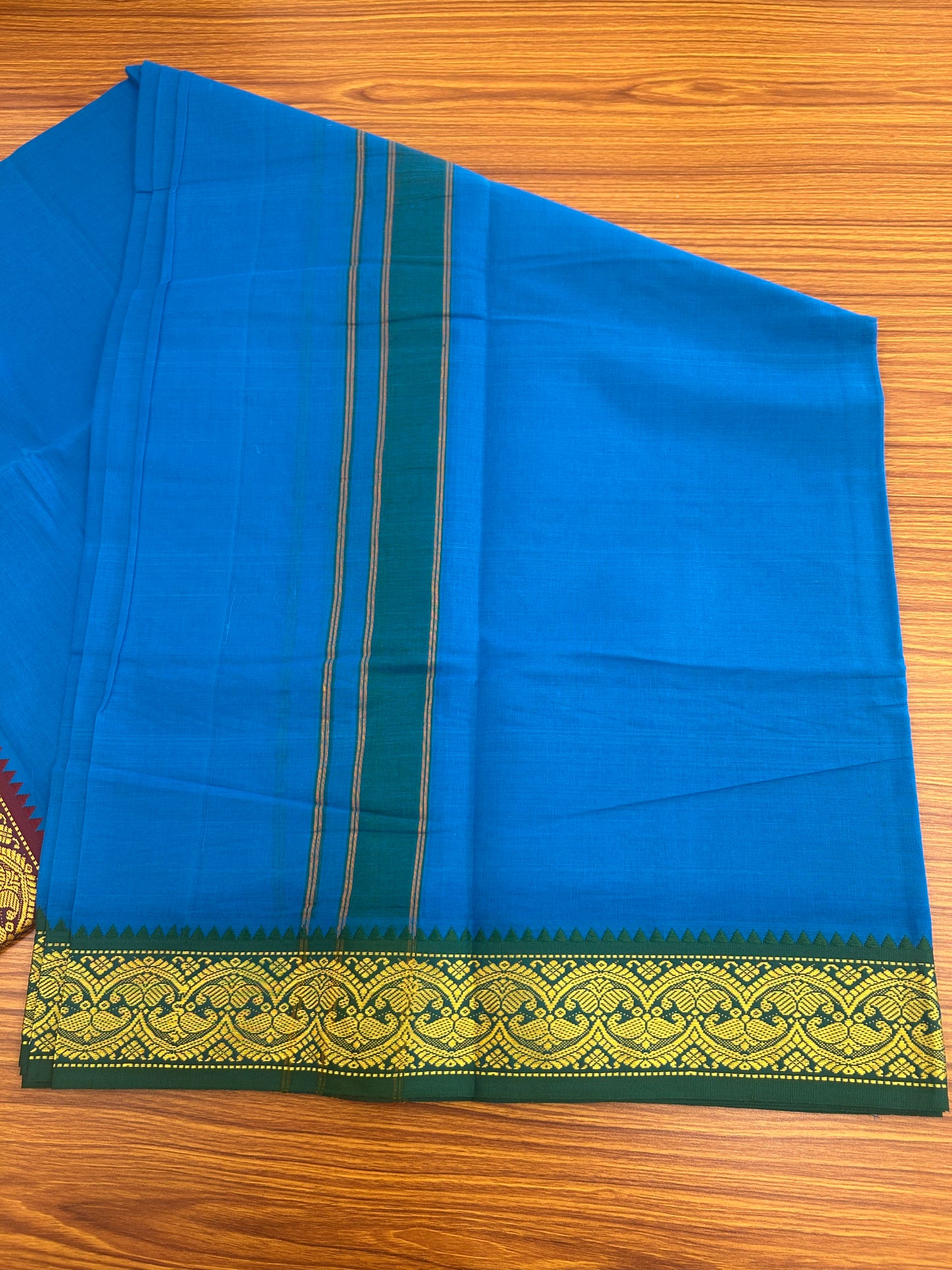 20% Discount! KaithariKada - Cotton Mix - 80x90 thread - 80 % Cotton & 20% Polyester- NORTH INDIAN - ATTACHED GAMCHA 9X5 Dhoti -3.5 inch Gold Kasavu Dark Green & Maroon Design Border with Blue Colour body - 113KK5227 PMC