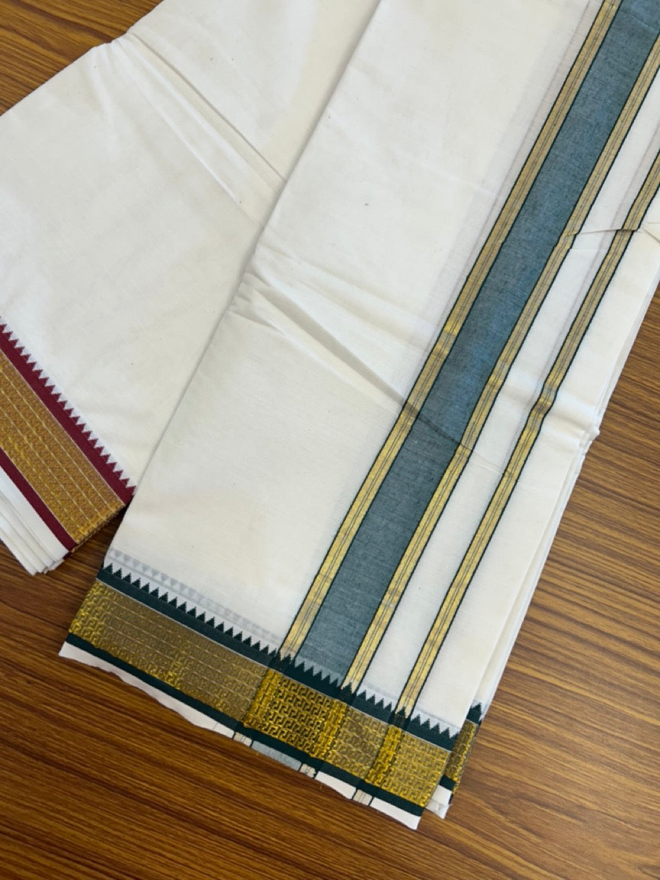 20% Discount! KaithariKada Cotton Mix Off White - (Unbleached) 80X90 thread - North Indian- Attached Gamcha - 10X6 Dhoti - 1.25 inch Green Gold Kasav kara with Dark Maroon & Green Gold Kasav Design border - 11 KK8304 PMC
