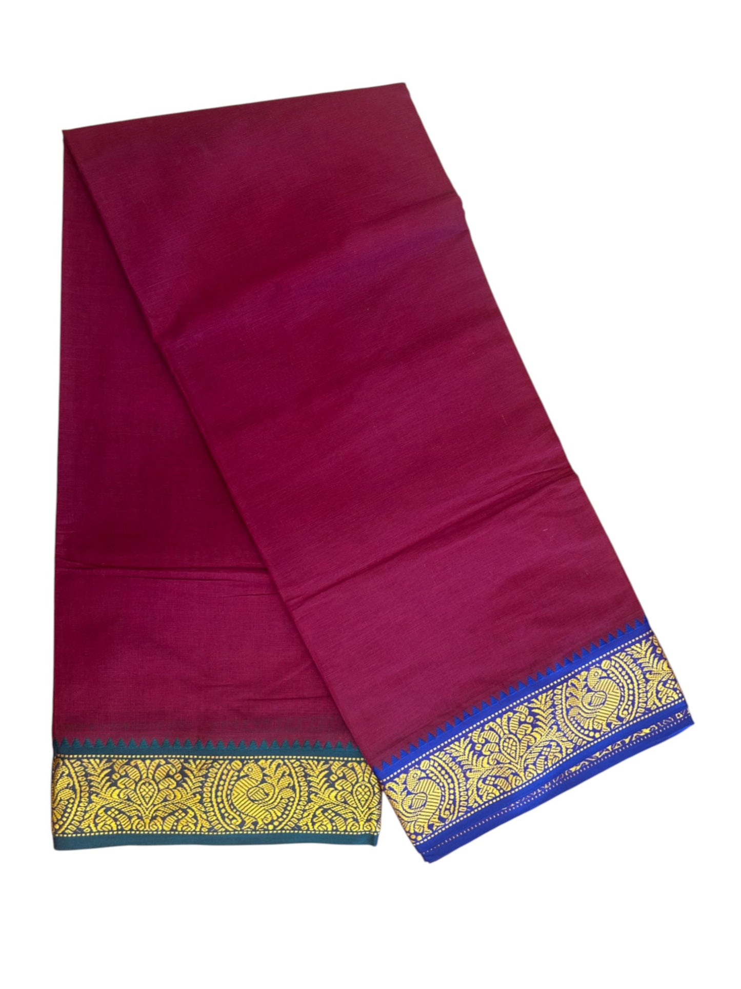 20% DISCOUNT! KaithariKada - Cotton Mix - 80x90 thread - 80 % Cotton & 20% Polyester- NORTH INDIAN - ATTACHED GAMCHA 9X5 Dhoti -3.5 inch Gold Kasavu Dark Green & Blue Design Border with Dark Maroon Colour body - 114KK5227 PMC