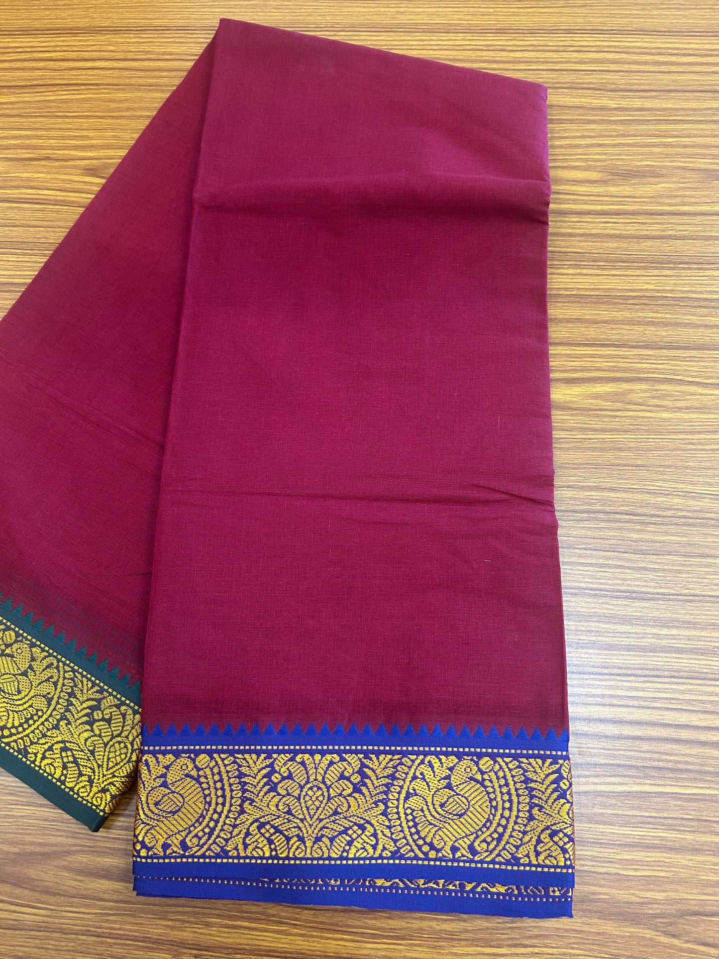 20% DISCOUNT! KaithariKada - Cotton Mix - 80x90 thread - 80 % Cotton & 20% Polyester- NORTH INDIAN - ATTACHED GAMCHA 9X5 Dhoti -3.5 inch Gold Kasavu Dark Green & Blue Design Border with Dark Maroon Colour body - 114KK5227 PMC