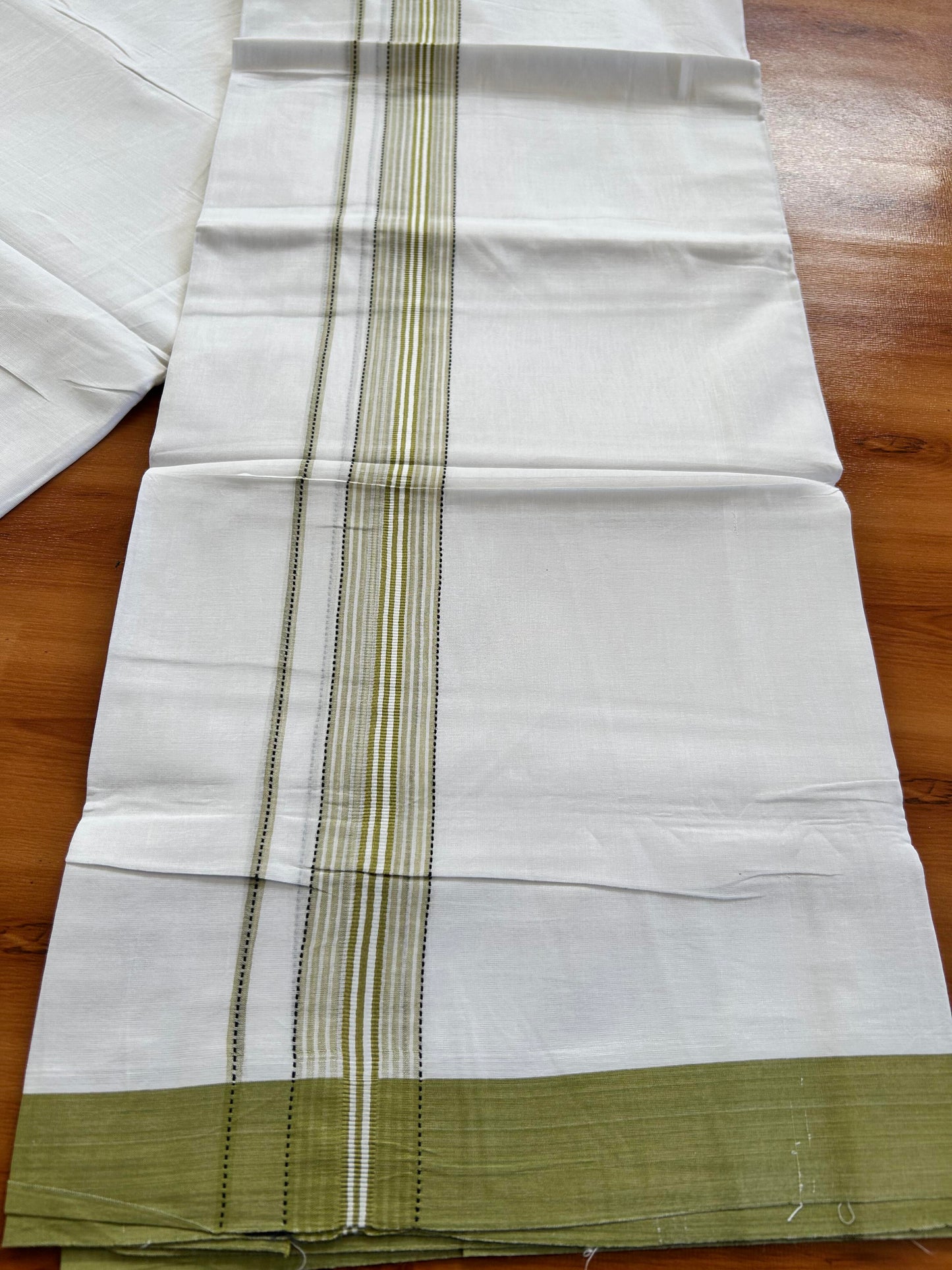 Double Pure White Mundu/Dothi - 20% Discount ! Kaitharikada Balaramapuram 100% Cotton 100x80 - 1.25 Inch Parrot Green Shaded Striped Kara 3.90 mtr (8 muzham) - 6 KK5437 VAS