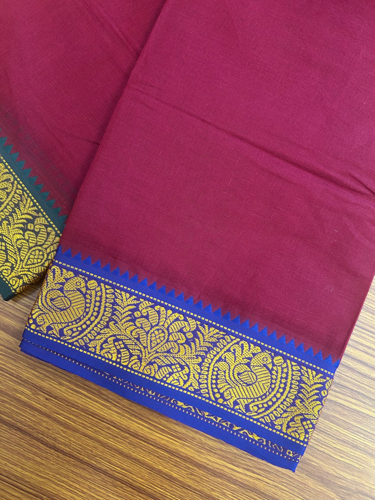 20% DISCOUNT! KaithariKada - Cotton Mix - 80x90 thread - 80 % Cotton & 20% Polyester- NORTH INDIAN - ATTACHED GAMCHA 9X5 Dhoti -3.5 inch Gold Kasavu Dark Green & Blue Design Border with Dark Maroon Colour body - 114KK5227 PMC