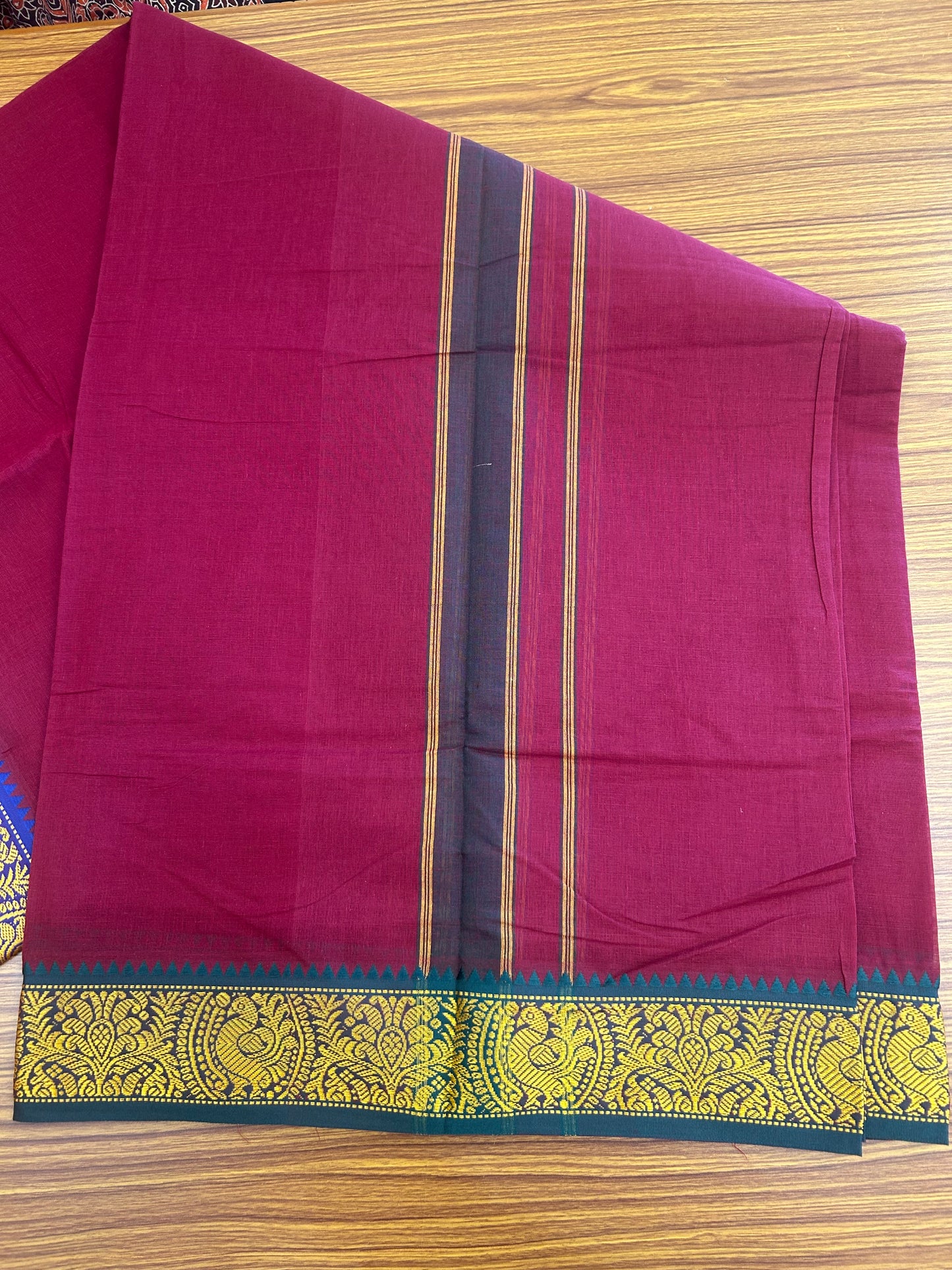 20% DISCOUNT! KaithariKada - Cotton Mix - 80x90 thread - 80 % Cotton & 20% Polyester- NORTH INDIAN - ATTACHED GAMCHA 9X5 Dhoti -3.5 inch Gold Kasavu Dark Green & Blue Design Border with Dark Maroon Colour body - 114KK5227 PMC