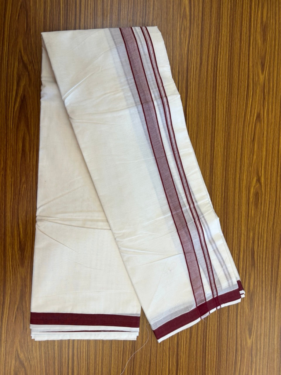 20% Discount! Kaitharikada Mixed Cotton Off White (Unbleached) - 80x90 - North Indian Attached Gamcha - 10x6 - Maroon Shaded border - 25 KK8304 PMC