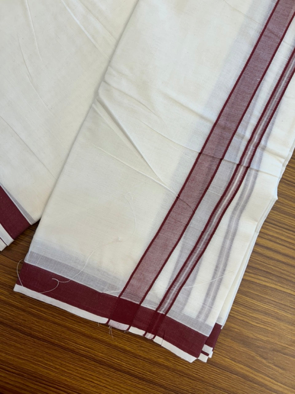 20% Discount! Kaitharikada Mixed Cotton Off White (Unbleached) - 80x90 - North Indian Attached Gamcha - 10x6 - Maroon Shaded border - 25 KK8304 PMC