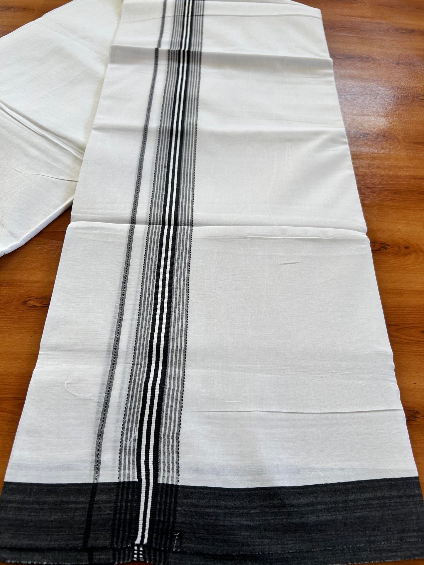 Double Pure White Mundu/Dothi - 20% Discount ! Kaitharikada Balaramapuram 100% Cotton 100x80 - 1.5 Inch Navy Blue Shaded Striped Kara 3.90 mtr (8 muzham) - 4 KK5437 VAS