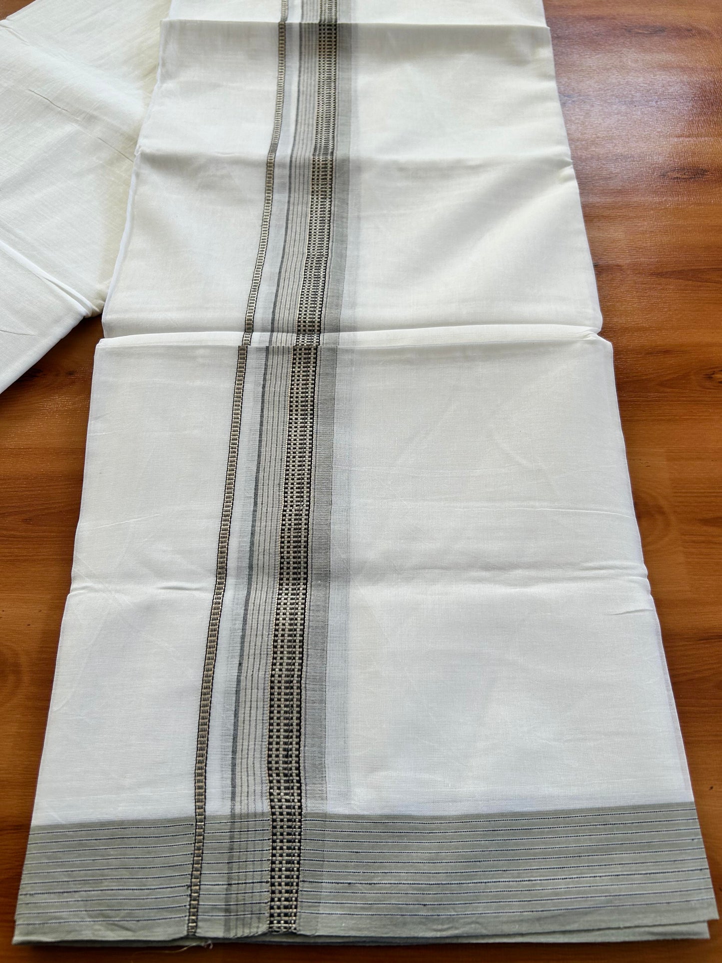 Double Pure White Mundu/Dothi - 20% Discount!! Kaitharikada Balaramapuram 100% Pure Cotton 100x100 - 1.25 inch Silver Kasav & Greyish Pista Green & Black Design Striped Kara - 3.90 m (8 muzham) - 8 KK5437 VAS