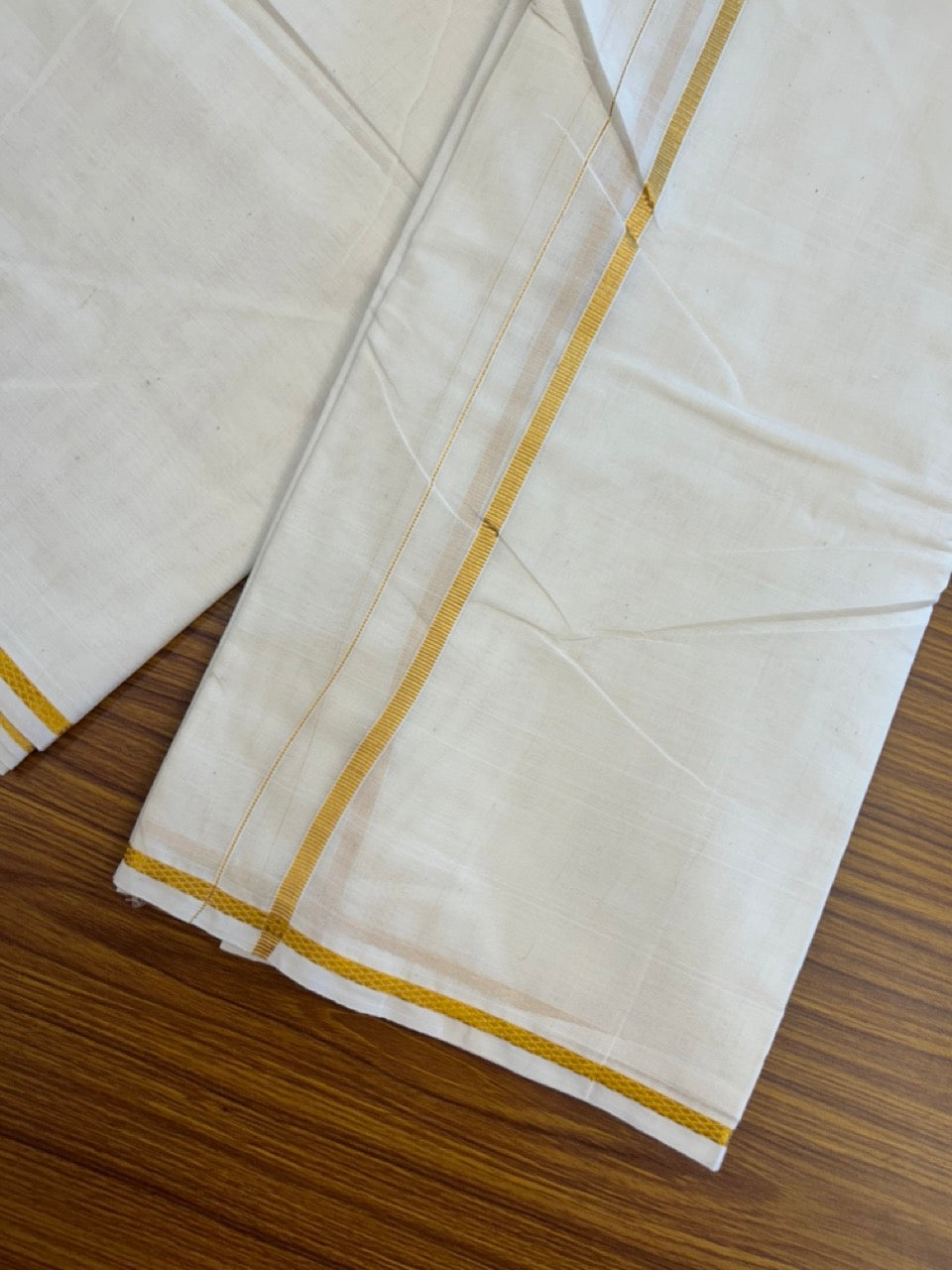 20% Discount! Kaitharikada Balaramapuram Cotton Mix Off White - (Unbleached) 80X90 thread - North Iindian- Attached Gamcha - 10X6 Dhoti - 0.25 inchGold Kasav border - 19 KK8304 PMC