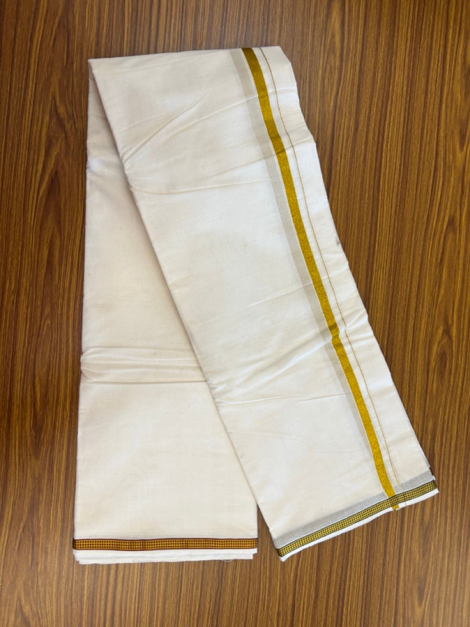 20% Discount! KaithariKada Cotton Mix Off White - (Unbleached) 80X90 thread - North Indian- Attached Gancha - 10X6 Dhoti - 0.5 inch Gold Kasav kara with Maroon & Green Gold Kasav Design border - 16 KK8304 PMC