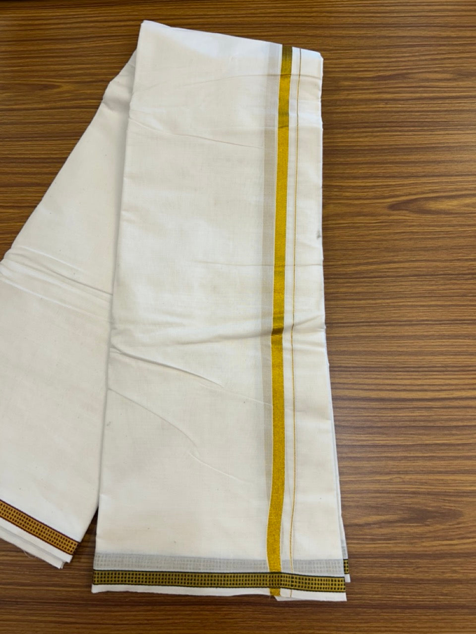 20% Discount! KaithariKada Cotton Mix Off White - (Unbleached) 80X90 thread - North Indian- Attached Gancha - 10X6 Dhoti - 0.5 inch Gold Kasav kara with Maroon & Green Gold Kasav Design border - 16 KK8304 PMC