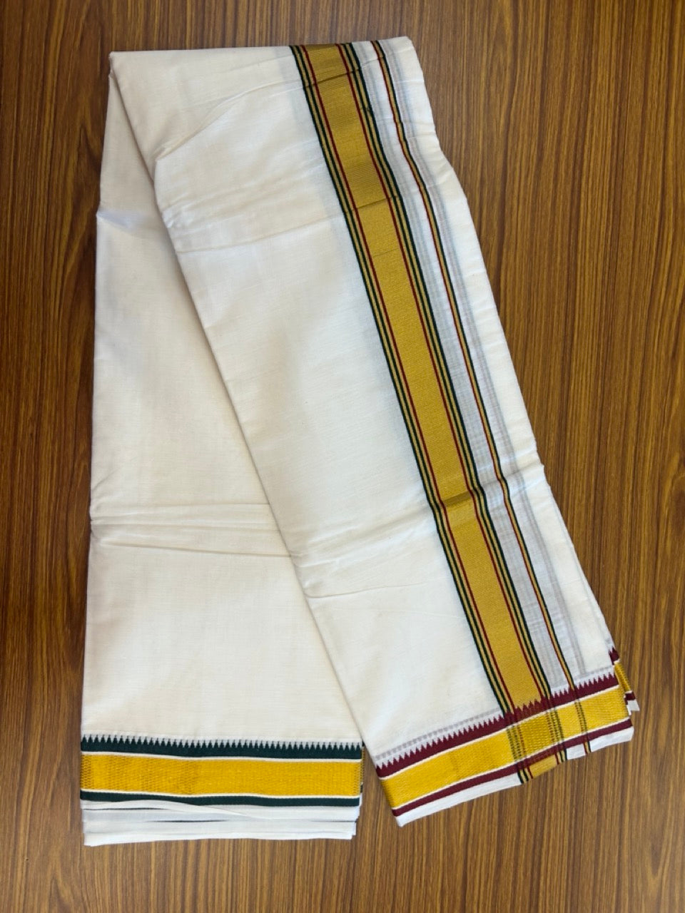 20% Discount! KaithariKada Cotton Mix Off White - (Unbleached) 80X90 thread - North Indian- Attached Gamcha - 10X6 Dhoti - 1.25 inch Green Gold Kasav kara with Dark Maroon & Green Gold Kasav Design border - 10 KK8304 PMC